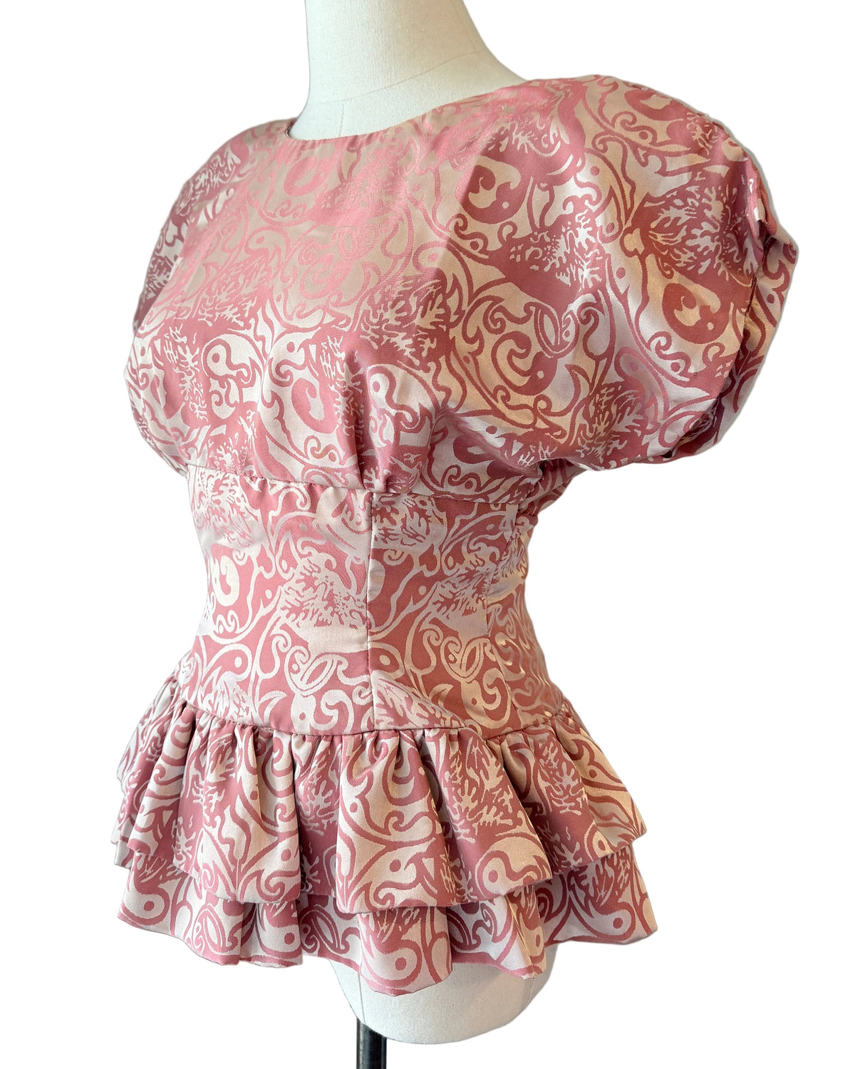 1980s Handmade Satin Damask Fitted Peplum Blouse with Dolman Cap Sleeves