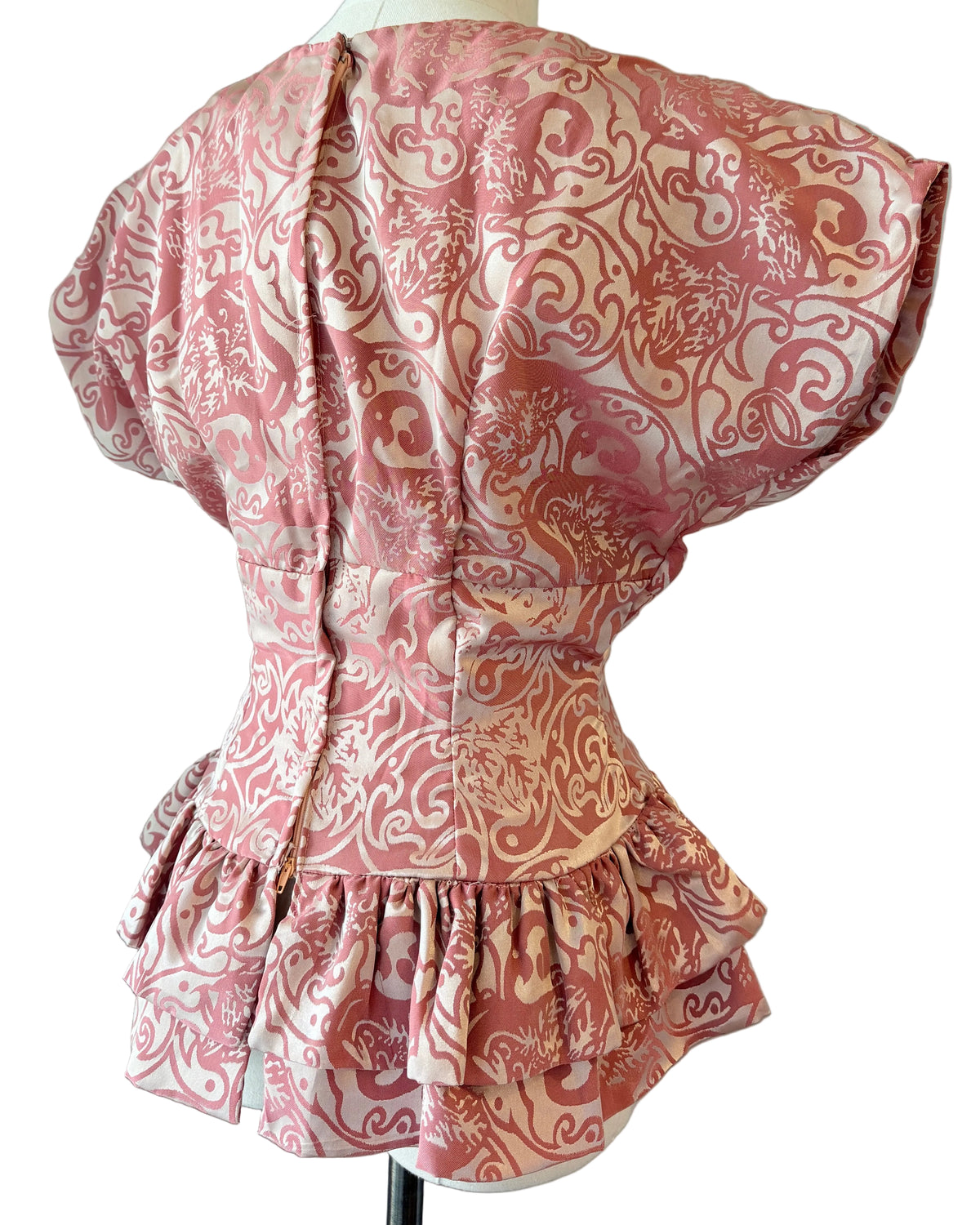 1980s Handmade Satin Damask Fitted Peplum Blouse with Dolman Cap Sleeves