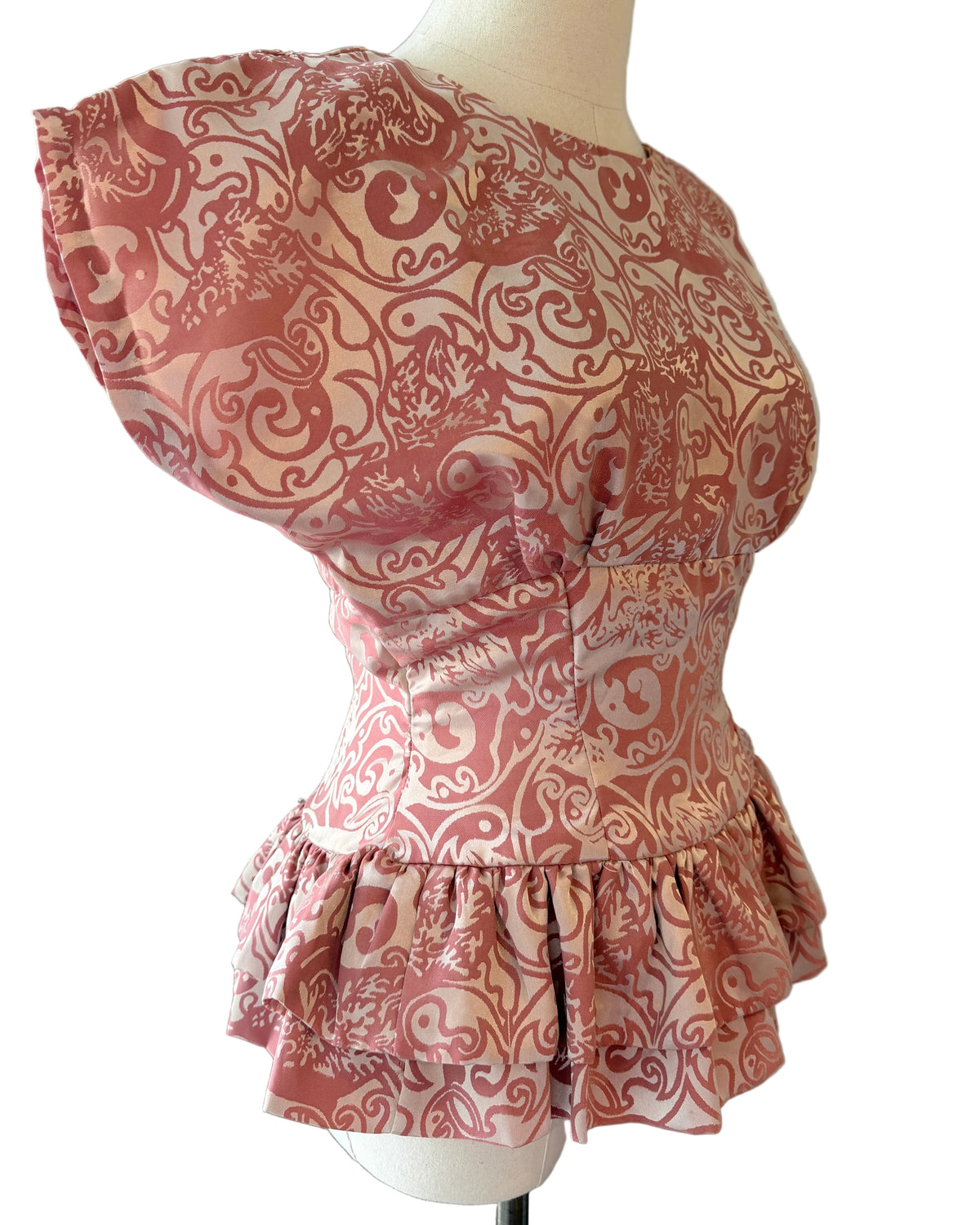 1980s Handmade Satin Damask Fitted Peplum Blouse with Dolman Cap Sleeves
