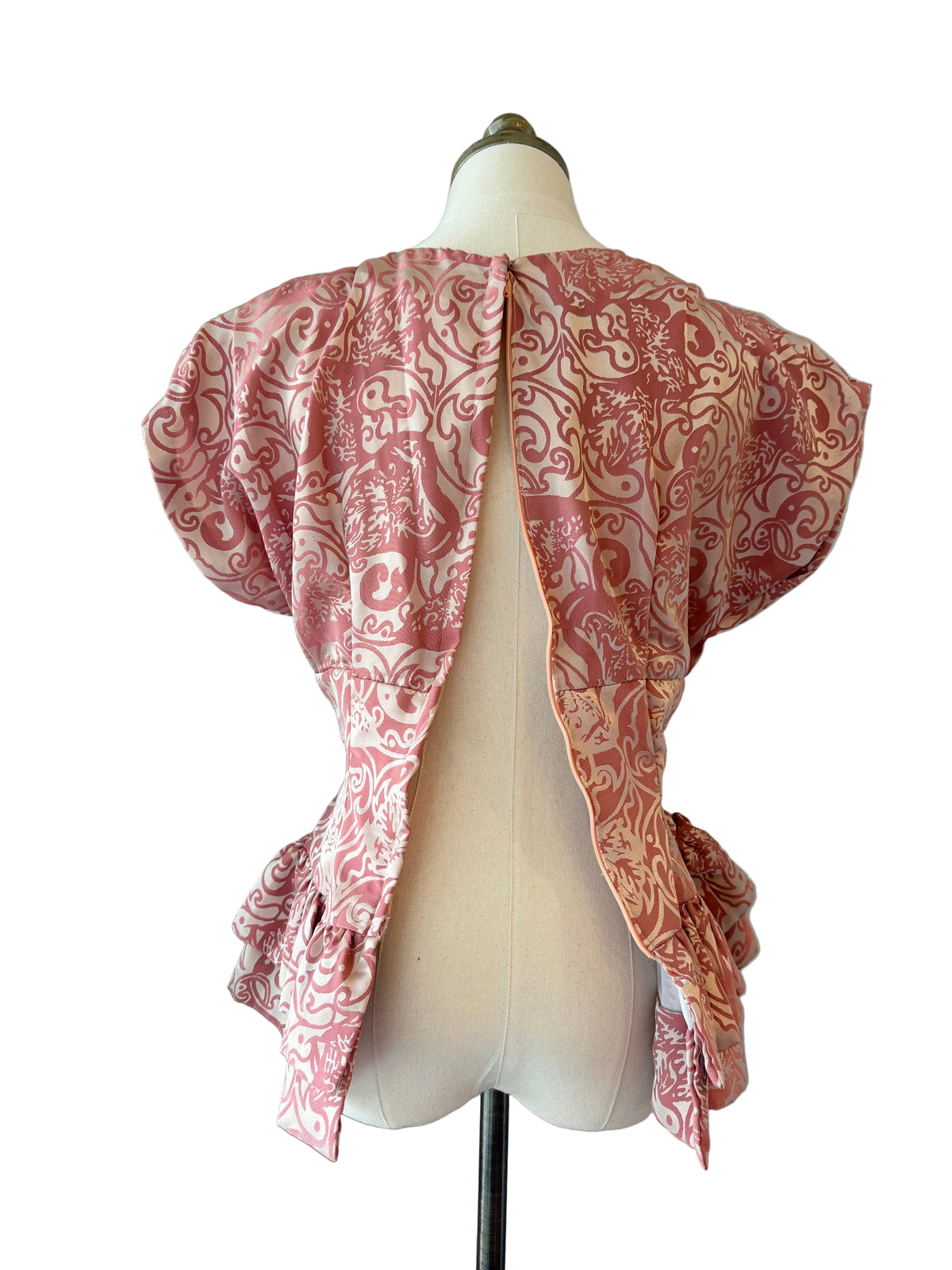1980s Handmade Satin Damask Fitted Peplum Blouse with Dolman Cap Sleeves