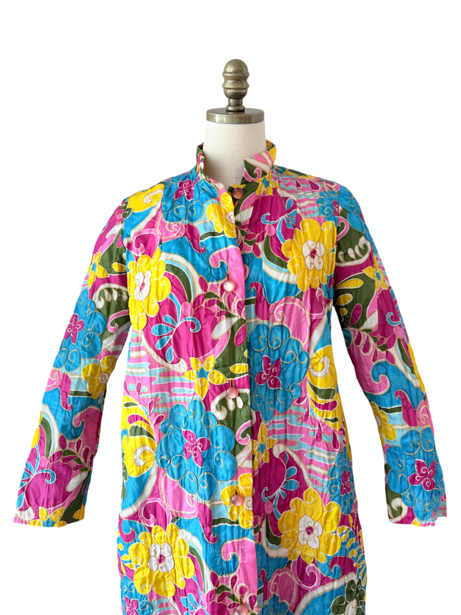 1960s Saks Fifth Avenue Colorful Floral Button-Front House Coat