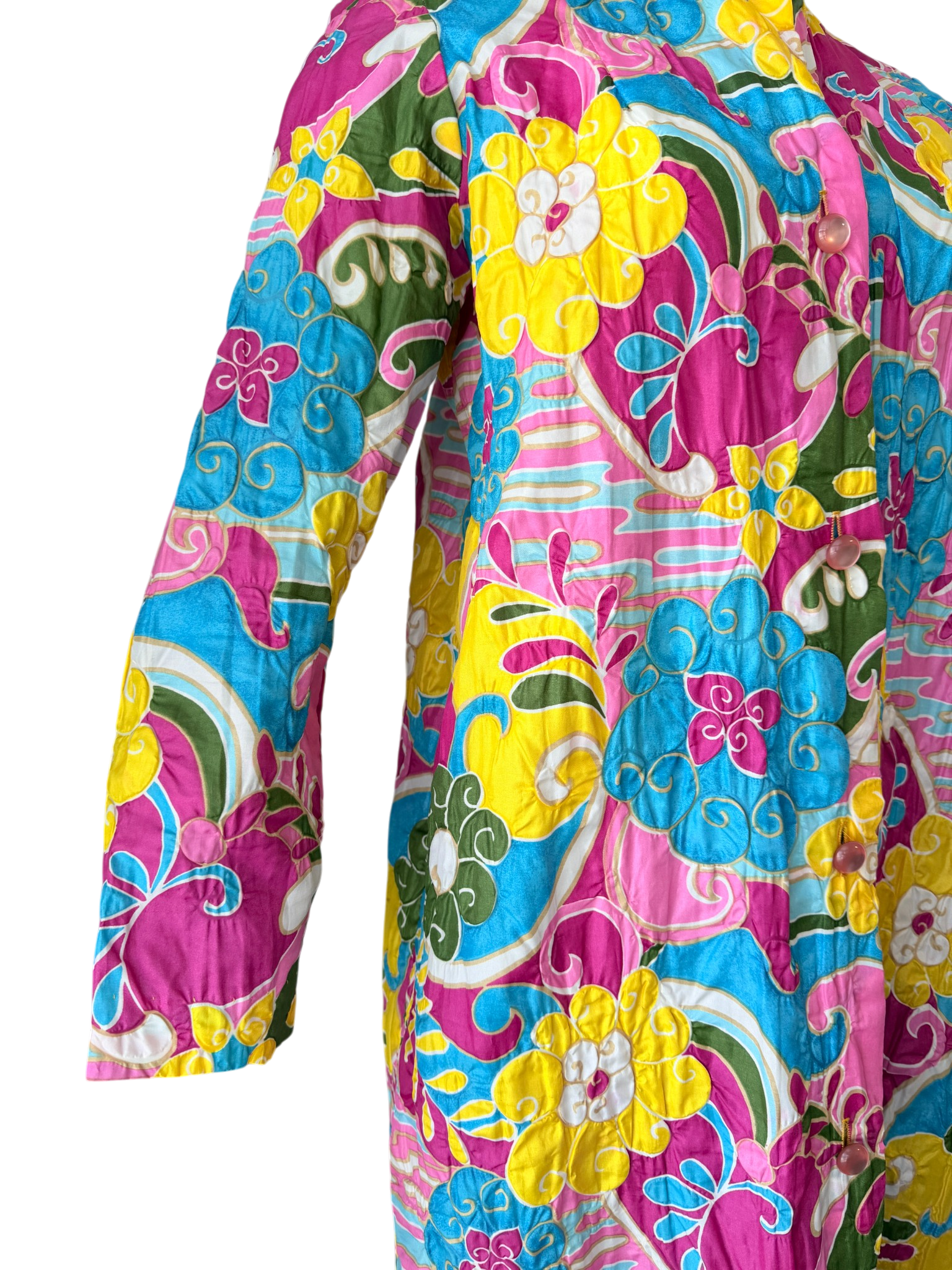 1960s Saks Fifth Avenue Colorful Floral Button-Front House Coat