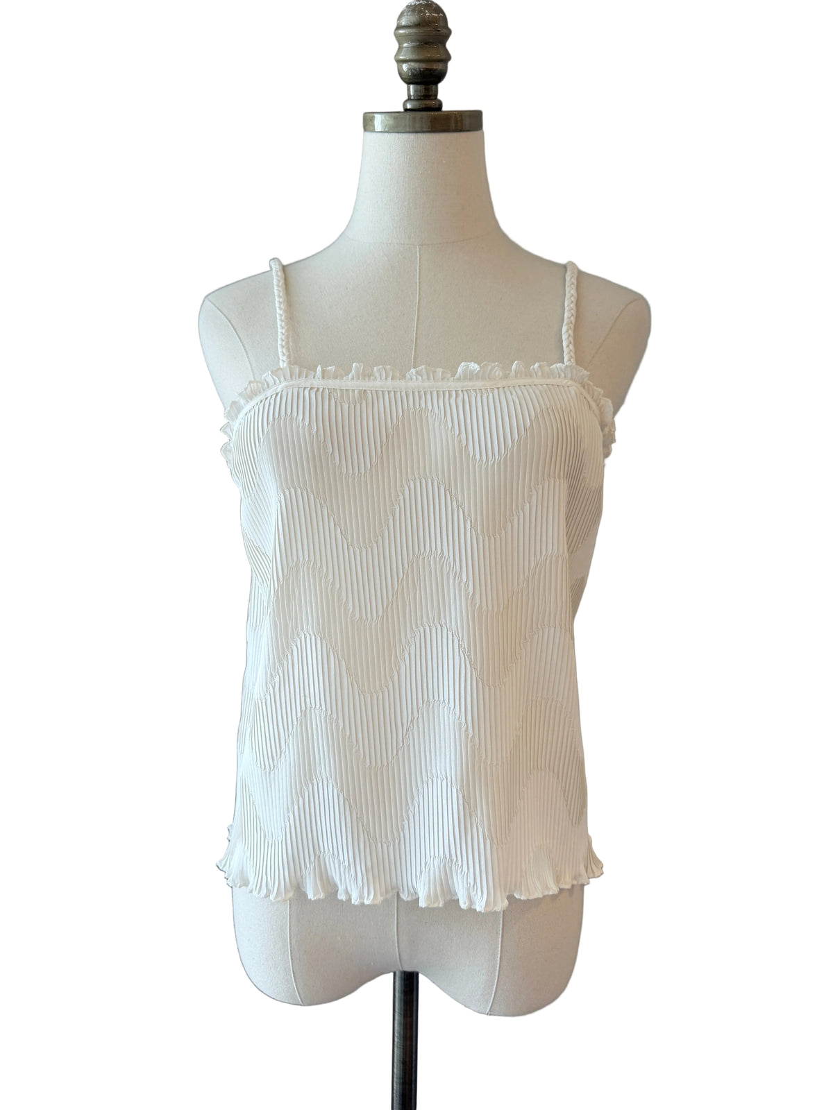 1980s Mary McFadden White Pleated Silk Tank with Braided Straps