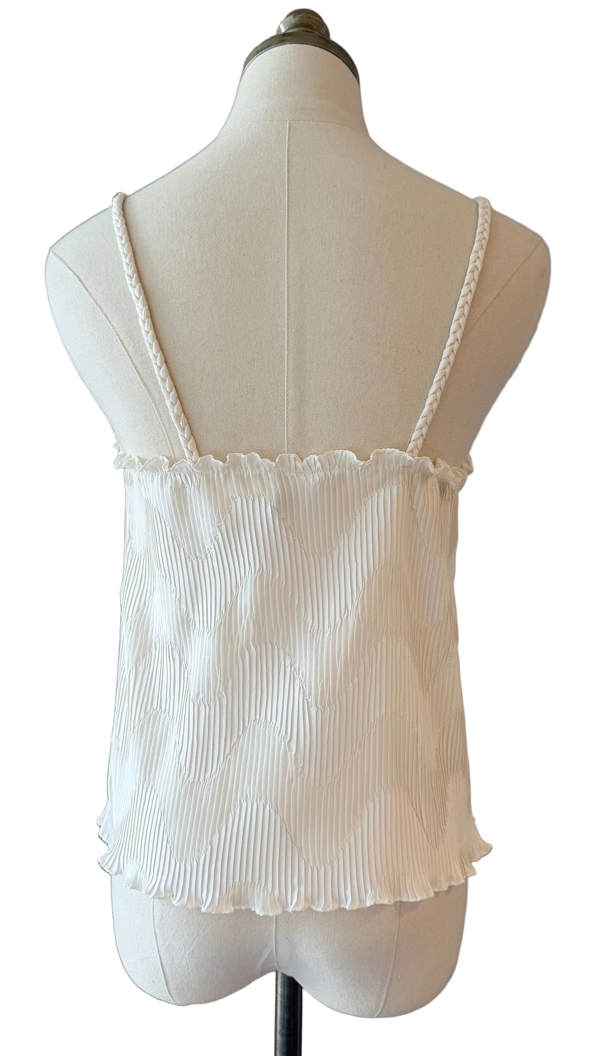 1980s Mary McFadden White Pleated Silk Tank with Braided Straps