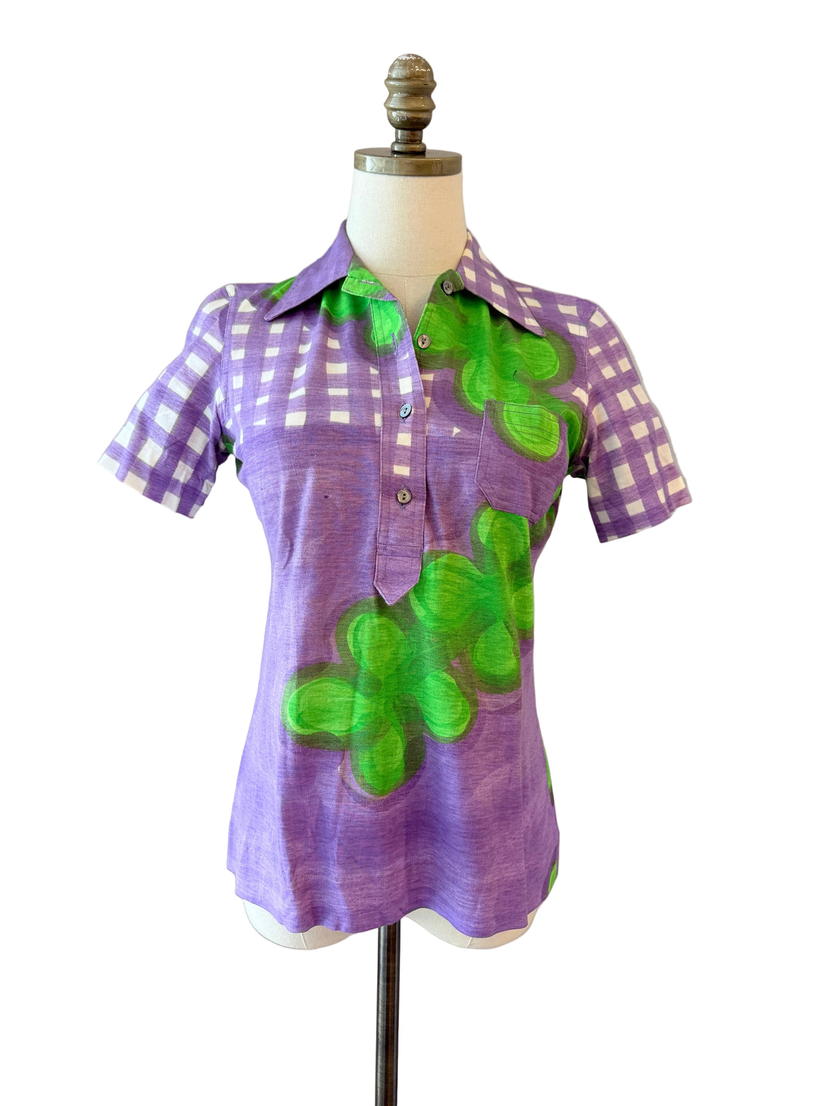 1960s Livio De Simone Purple &amp; Green Floral 3/4 Button-Front Polo Shirt
