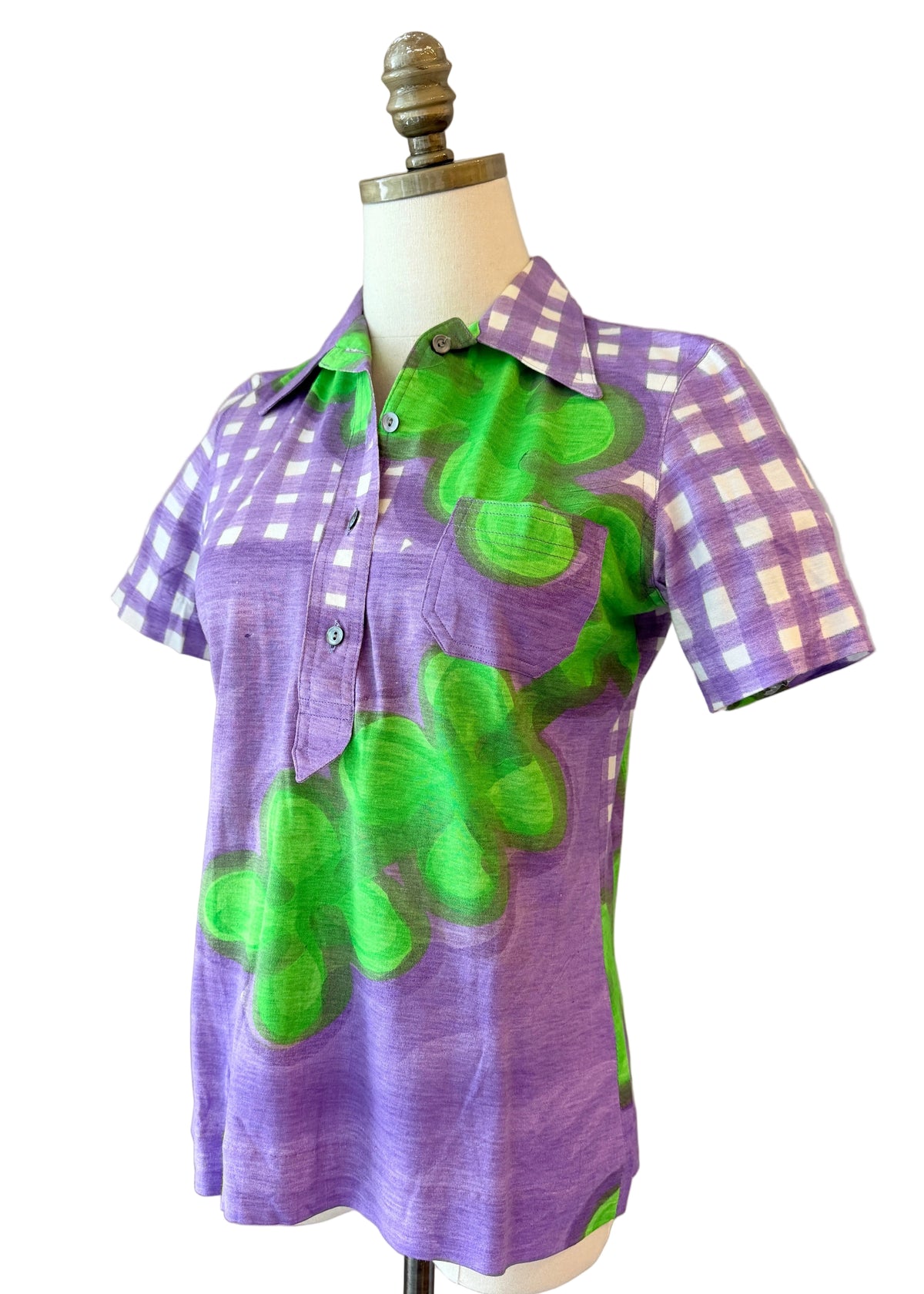 1960s Livio De Simone Purple &amp; Green Floral 3/4 Button-Front Polo Shirt