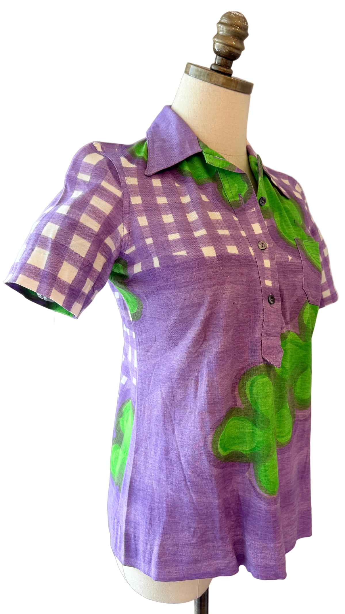 1960s Livio De Simone Purple &amp; Green Floral 3/4 Button-Front Polo Shirt