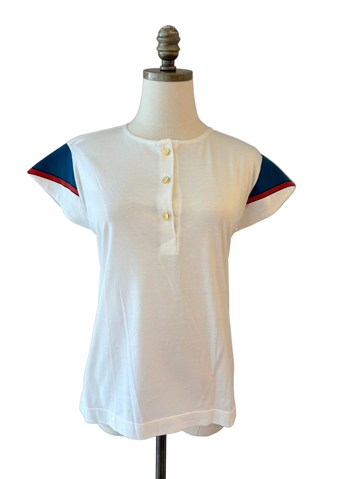 1960s Roberta di Camerino White Knit Top with Gold Buttons & Blue Sleeves