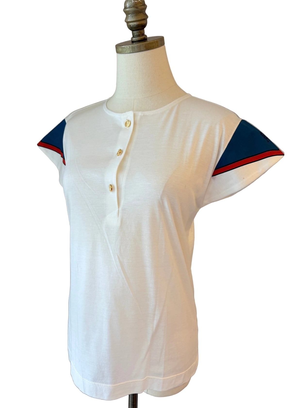 1960s Roberta di Camerino White Knit Top with Gold Buttons & Blue Sleeves