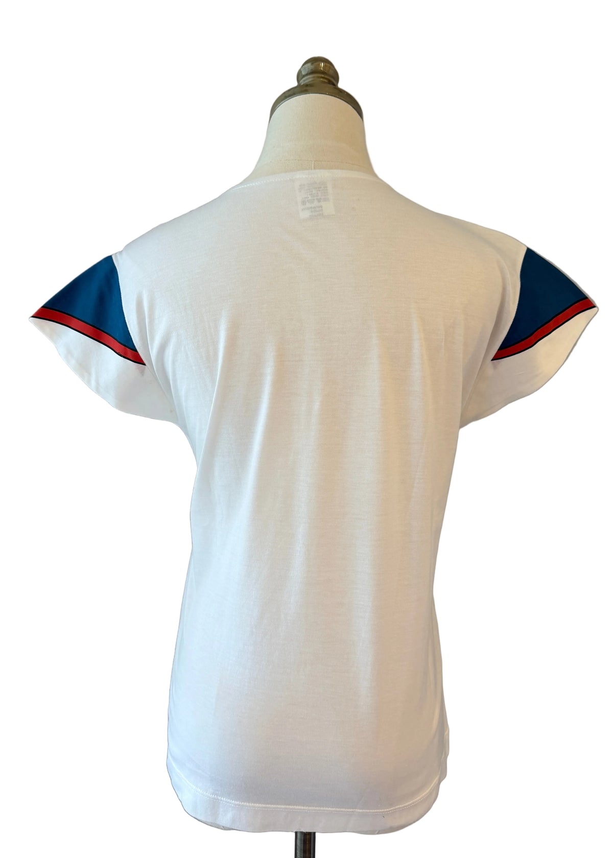 1960s Roberta di Camerino White Knit Top with Gold Buttons & Blue Sleeves