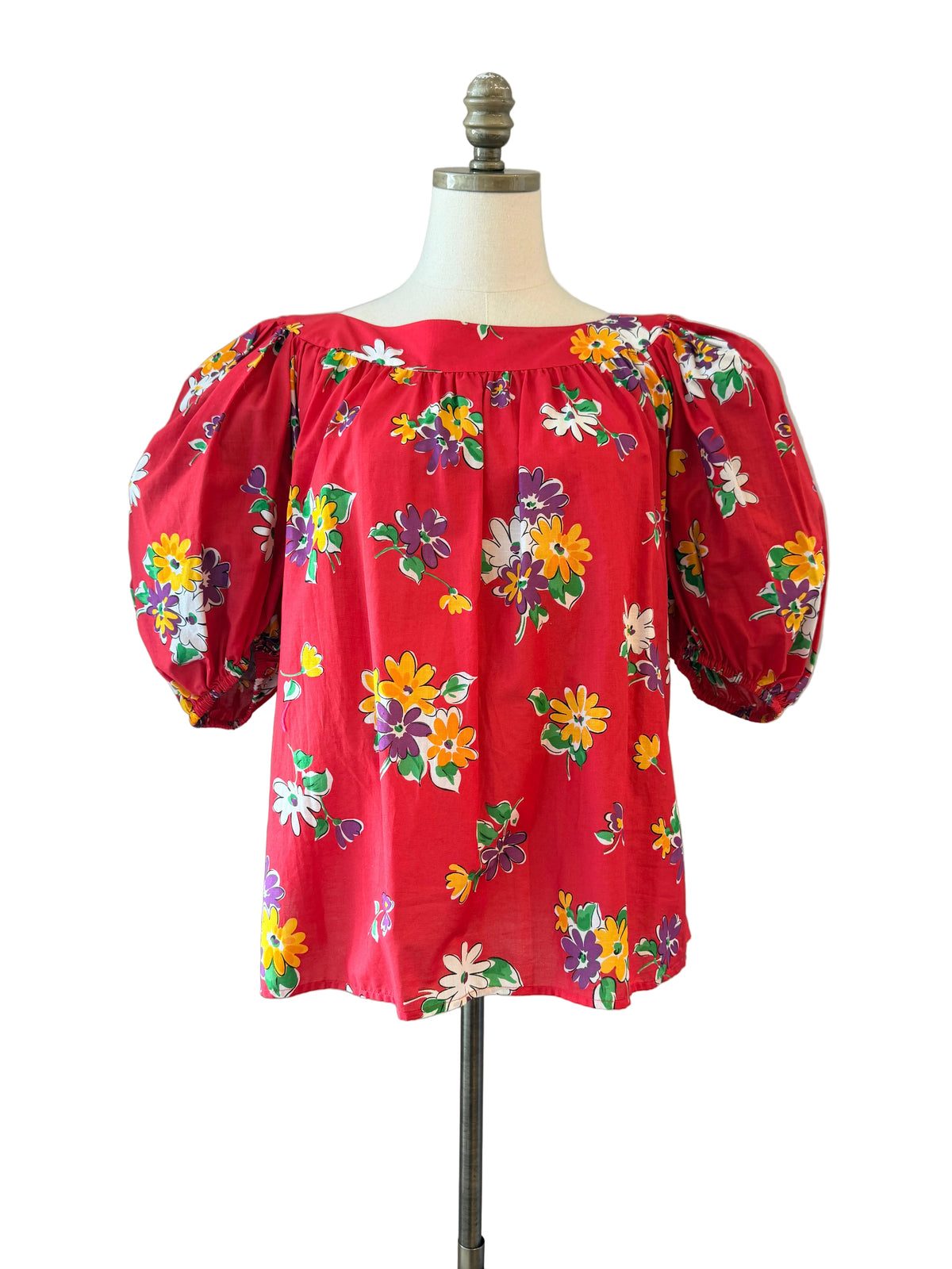 1980s Yves Saint Laurent Red Floral Balloon Sleeve Top
