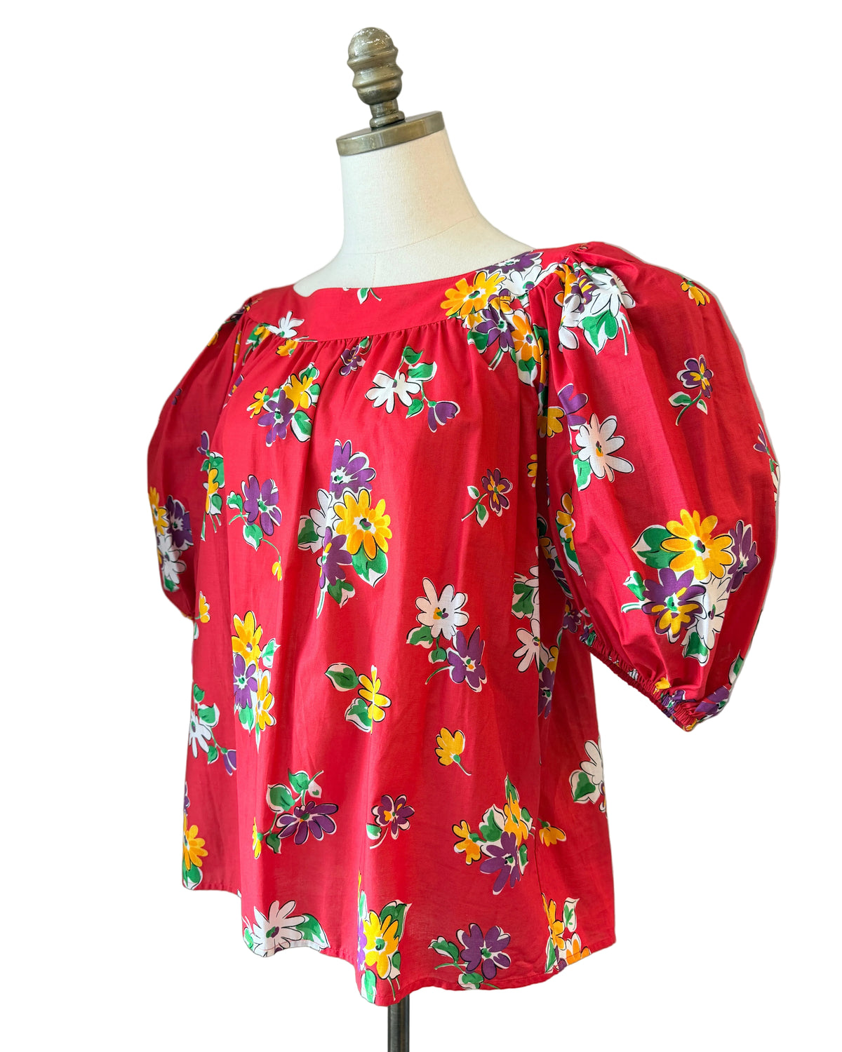 1980s Yves Saint Laurent Red Floral Balloon Sleeve Top