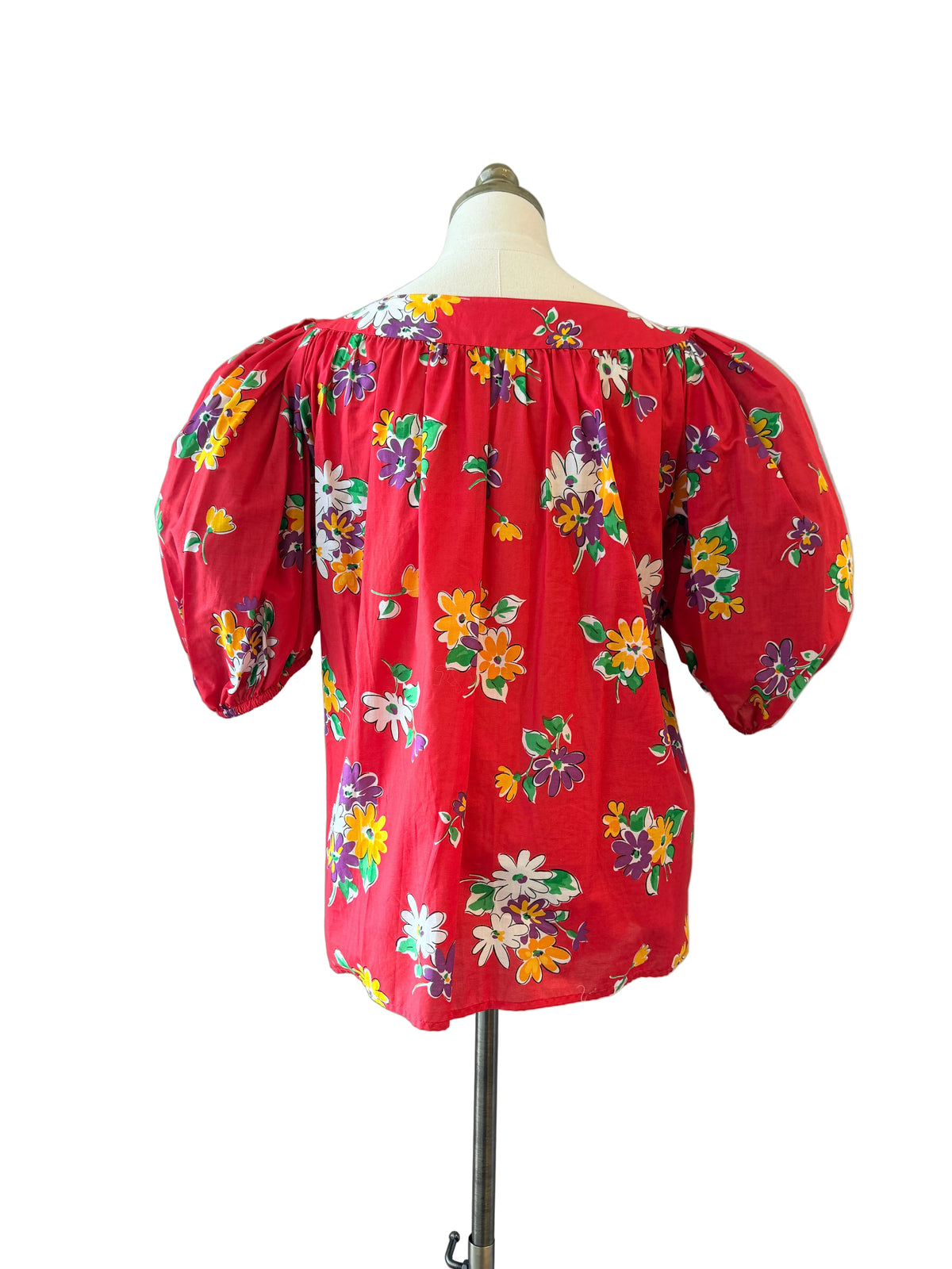 1980s Yves Saint Laurent Red Floral Balloon Sleeve Top
