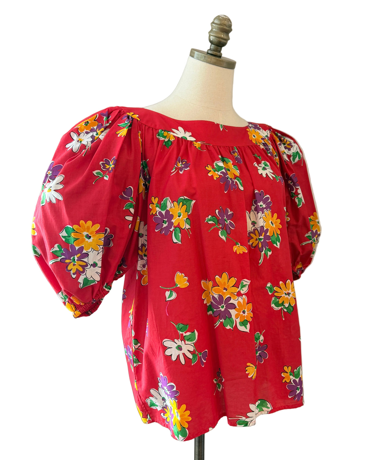 1980s Yves Saint Laurent Red Floral Balloon Sleeve Top