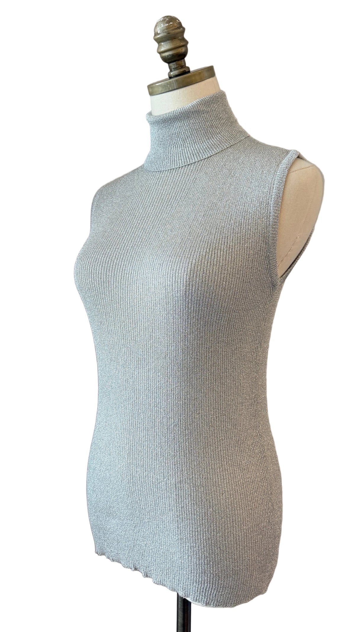 1970s Garfinckel’s Silver Lamé Ribbed Turtleneck Tank with Back Zipper