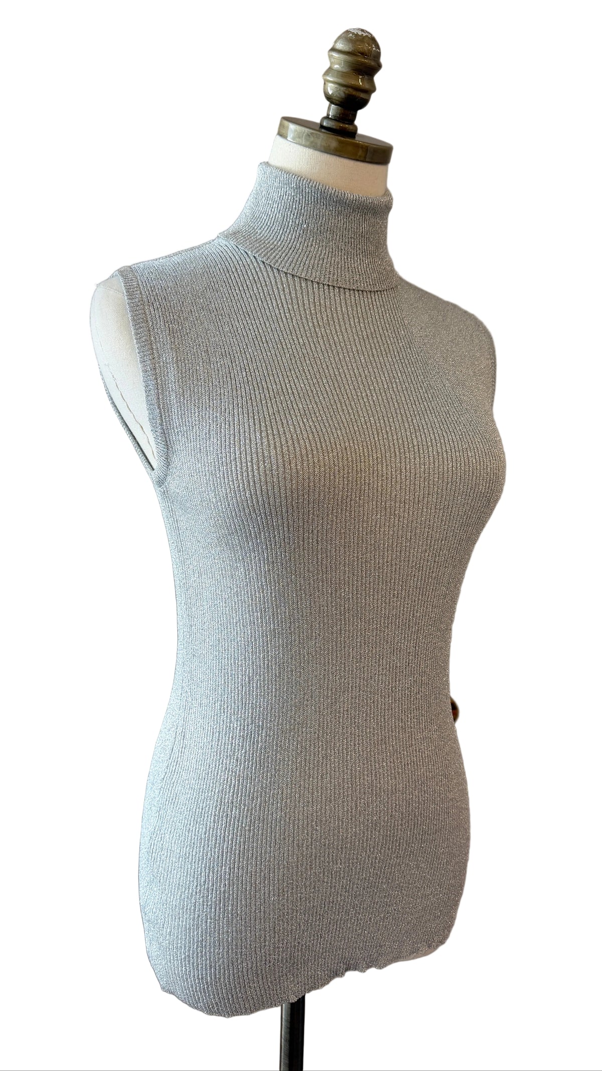 1970s Garfinckel’s Silver Lamé Ribbed Turtleneck Tank with Back Zipper