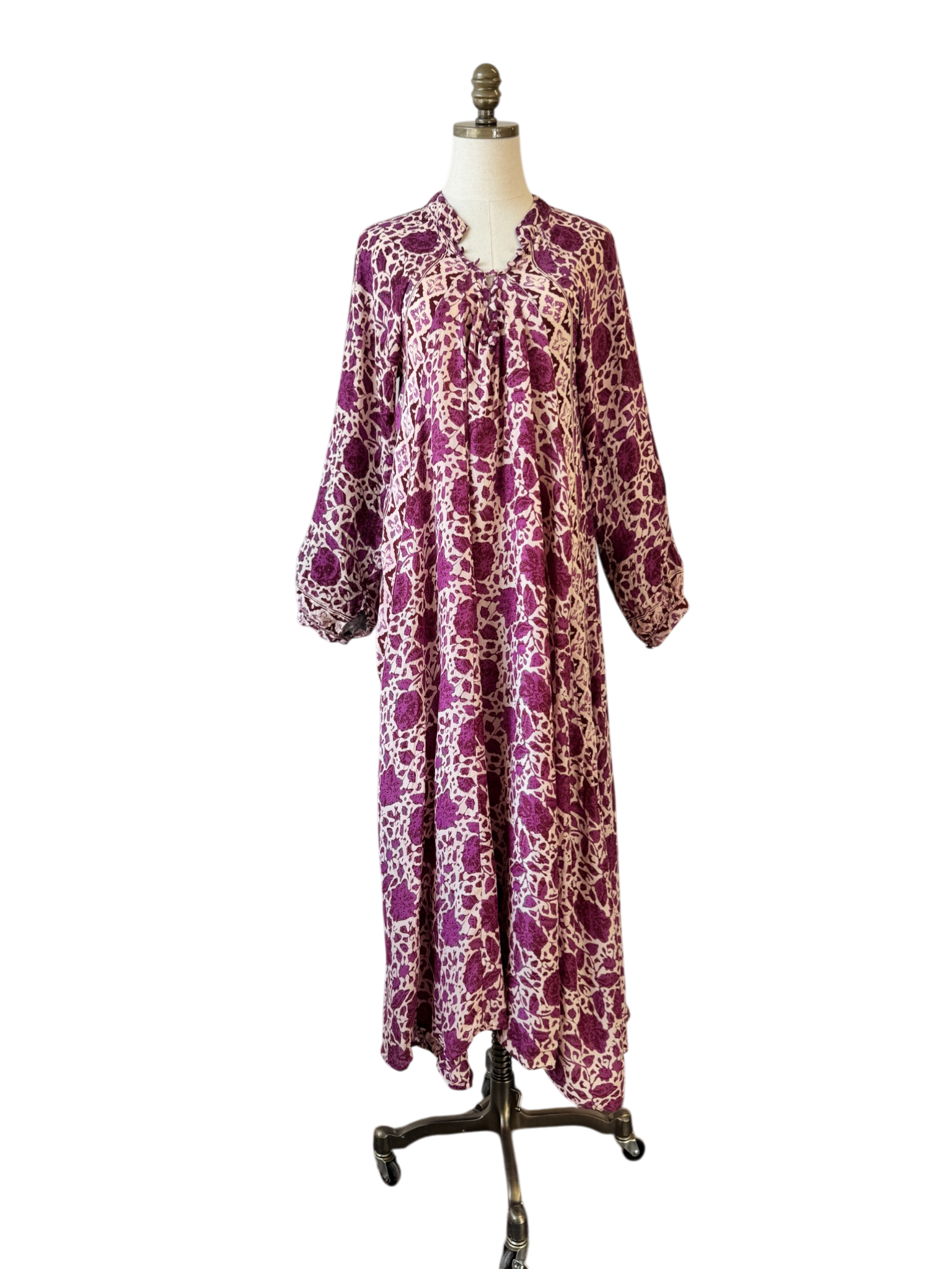Natalie Martin Silk Floral Caftan Dress with Puff Sleeves & Tie Neck