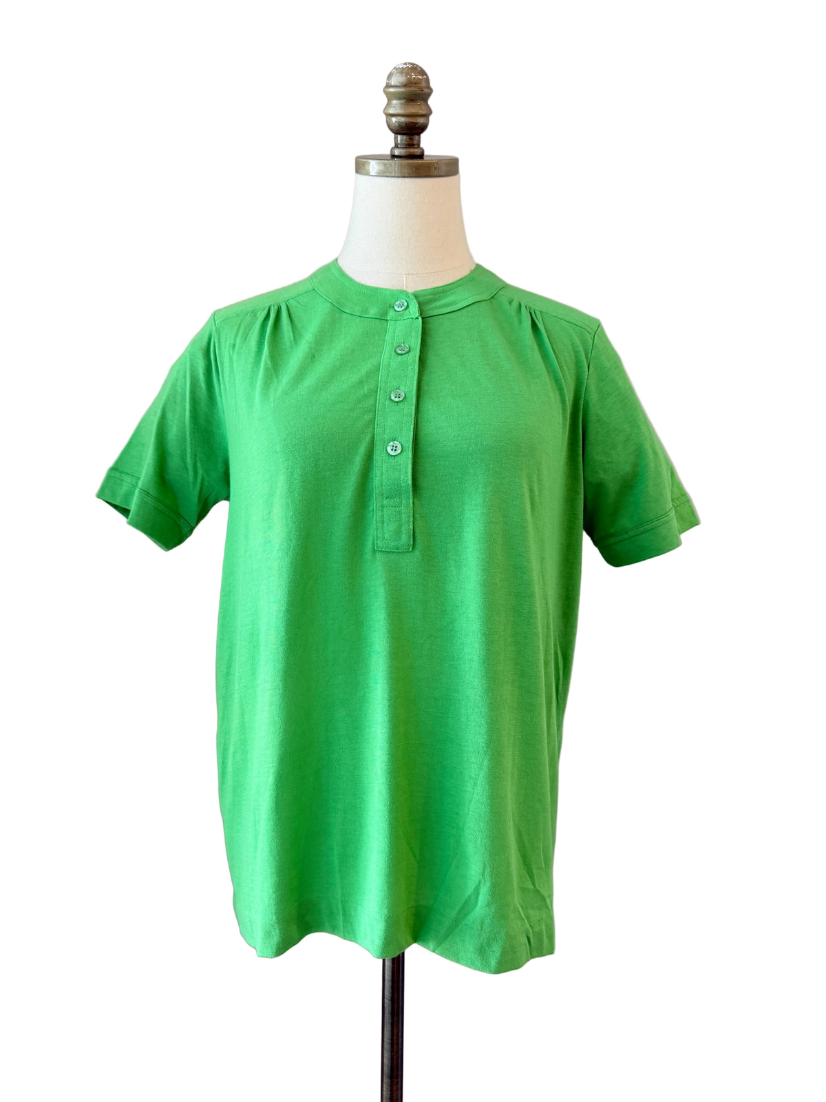 1970s Leon Levin Cotton Green 3/4 Button-Front Tee with Gathered Shoulders