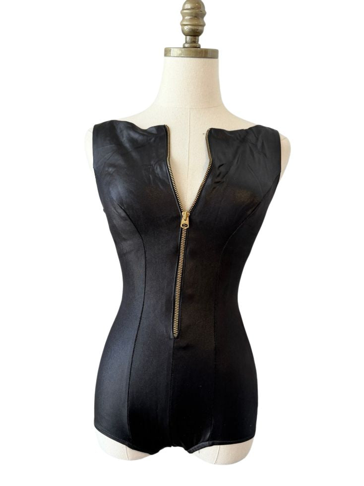 1950s Cole of California Black Bathing Suit with Brass Zip Front