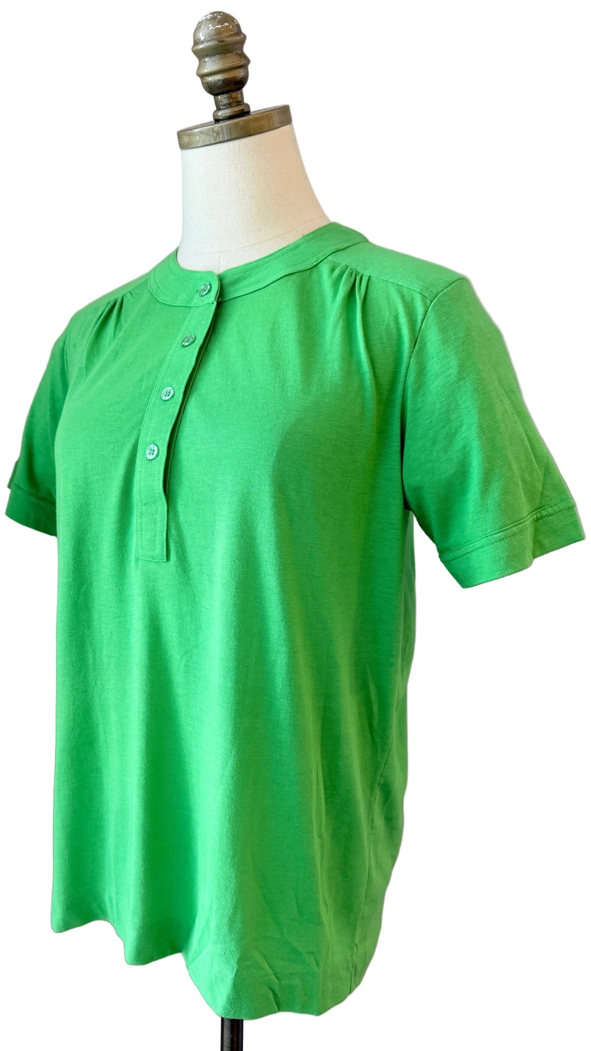 1970s Leon Levin Cotton Green 3/4 Button-Front Tee with Gathered Shoulders