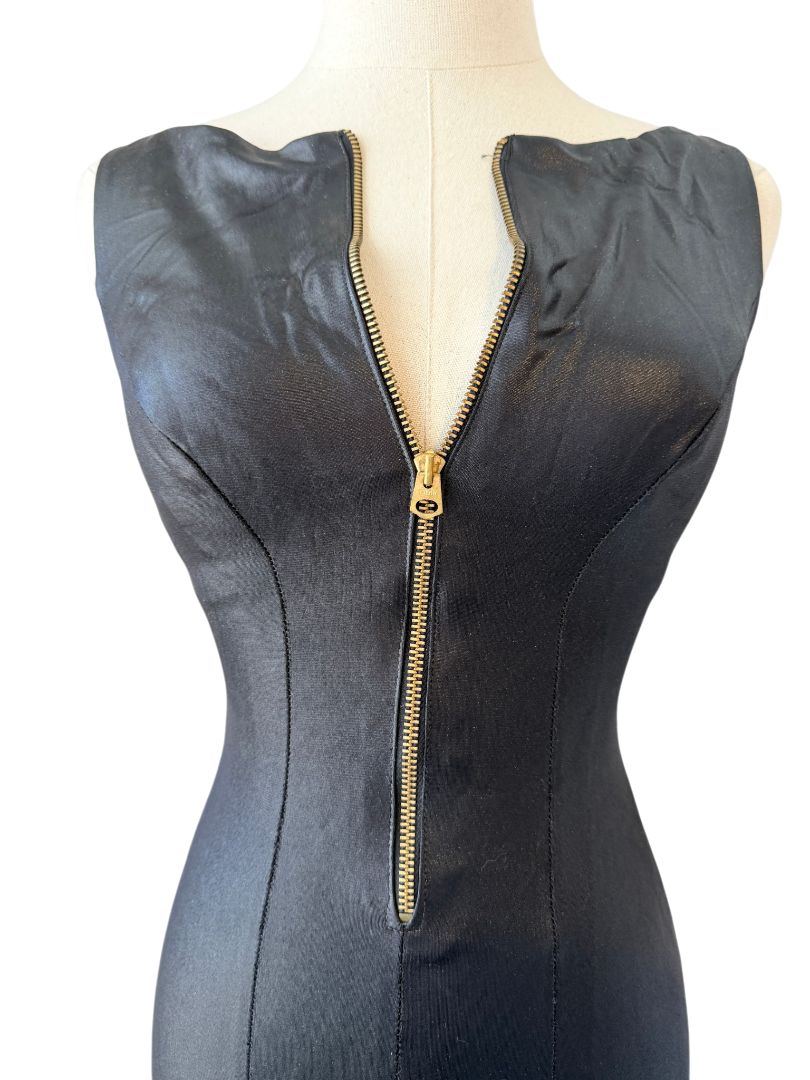 1950s Cole of California Black Bathing Suit with Brass Zip Front
