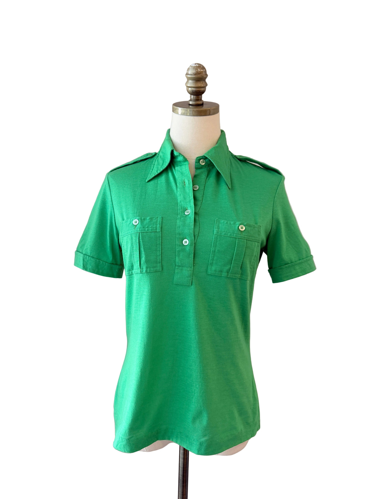 1960s Lady Manhattan Green Cotton 3/4 Button-Front Shirt with Dagger Collar