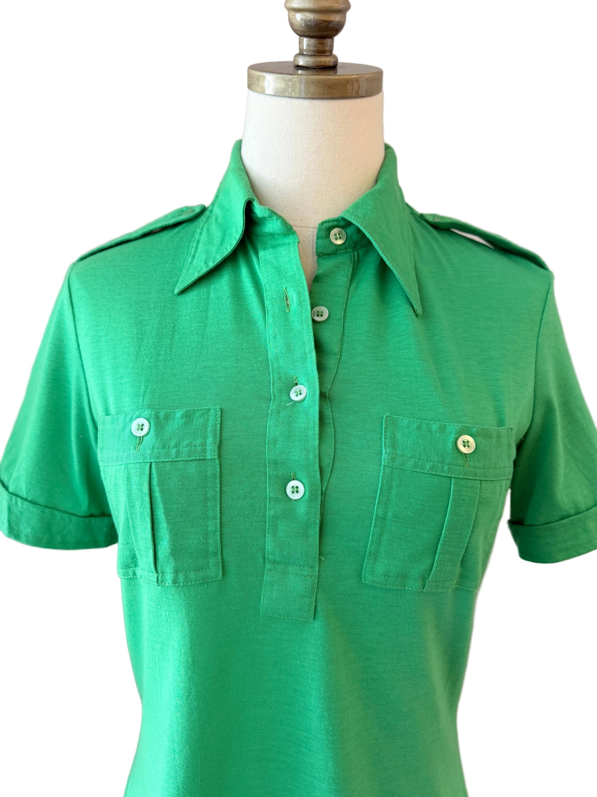 1960s Lady Manhattan Green Cotton 3/4 Button-Front Shirt with Dagger Collar