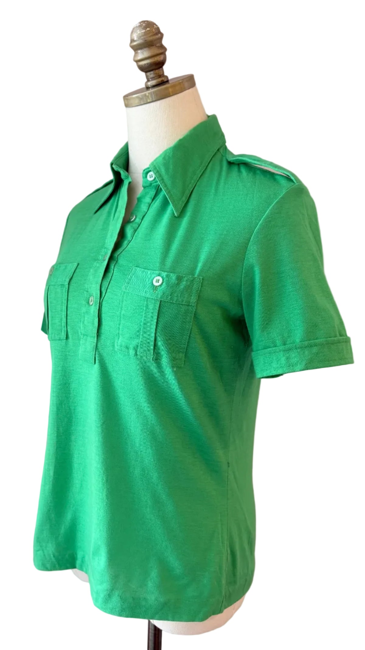 1960s Lady Manhattan Green Cotton 3/4 Button-Front Shirt with Dagger Collar