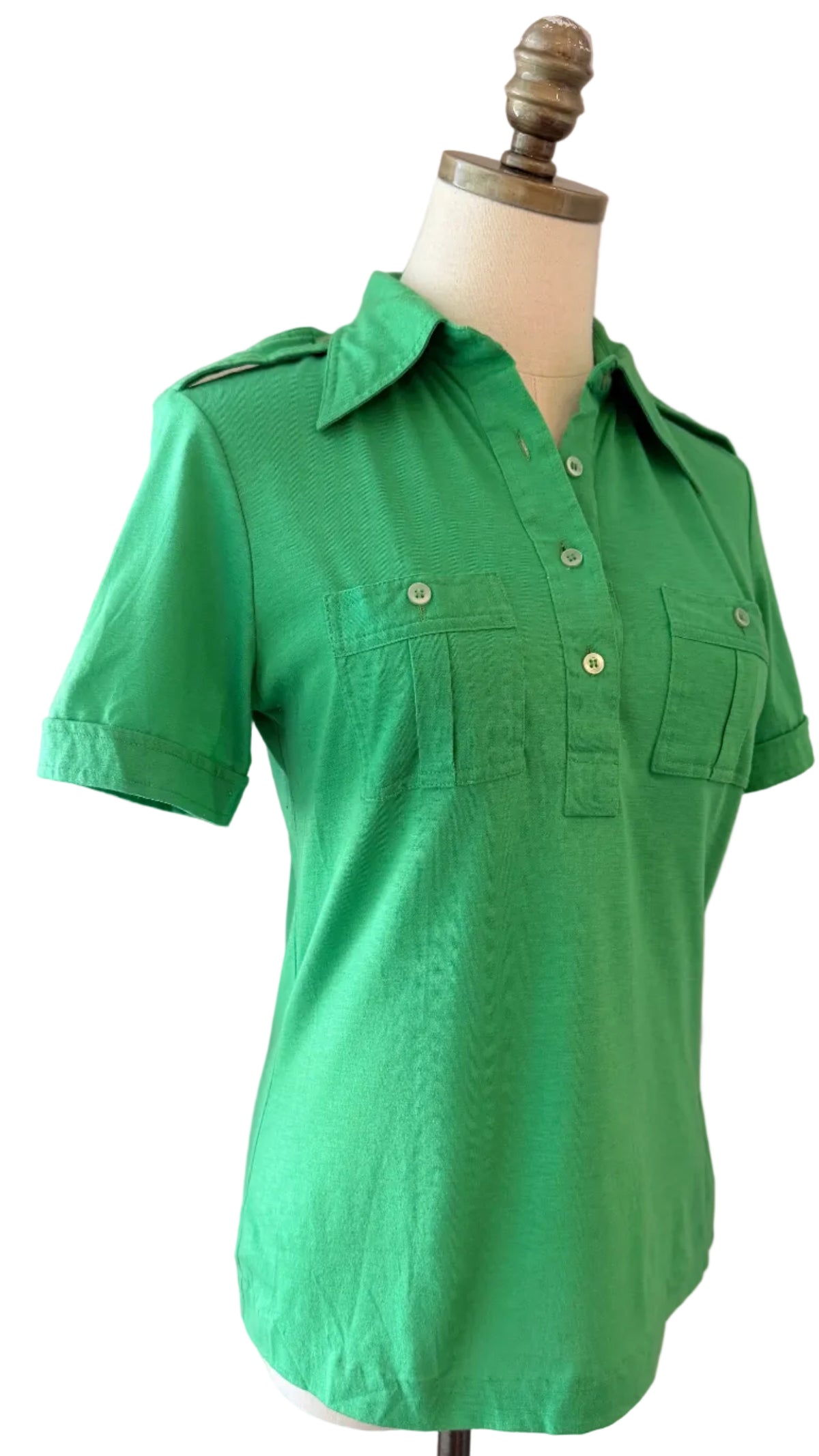 1960s Lady Manhattan Green Cotton 3/4 Button-Front Shirt with Dagger Collar