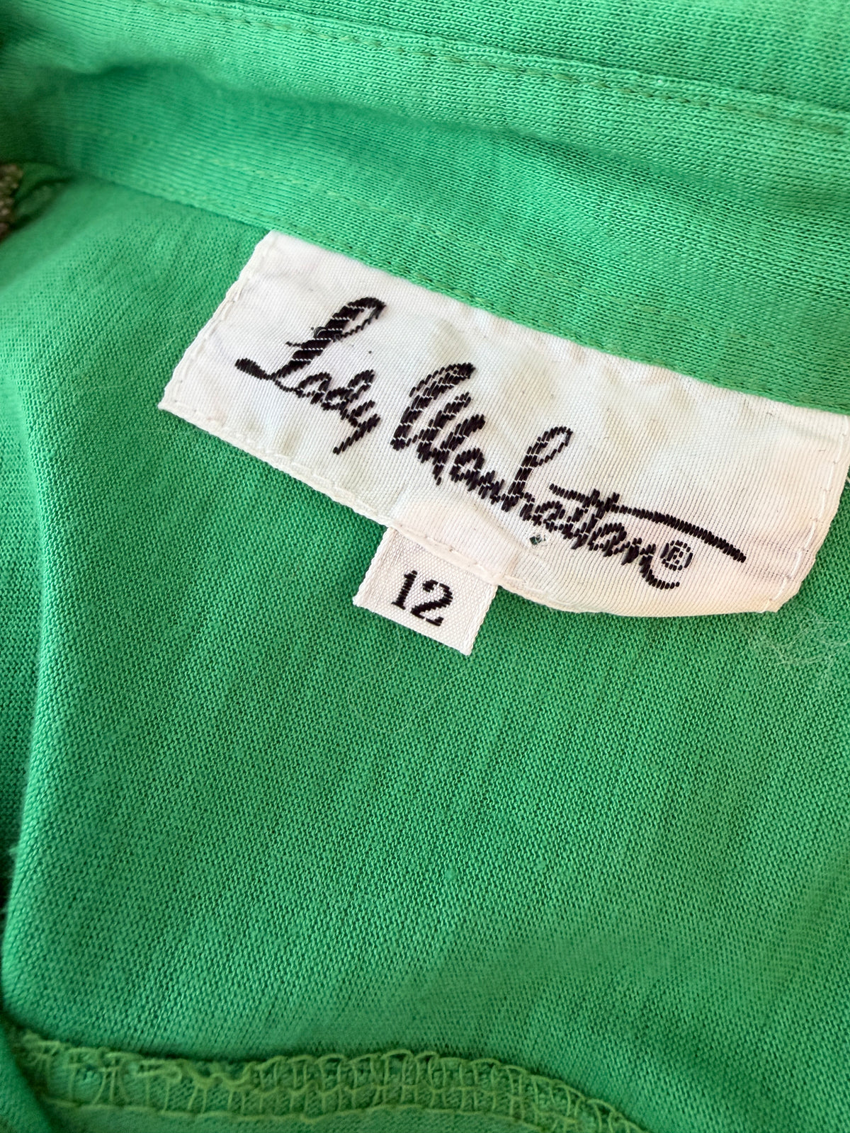1960s Lady Manhattan Green Cotton 3/4 Button-Front Shirt with Dagger Collar
