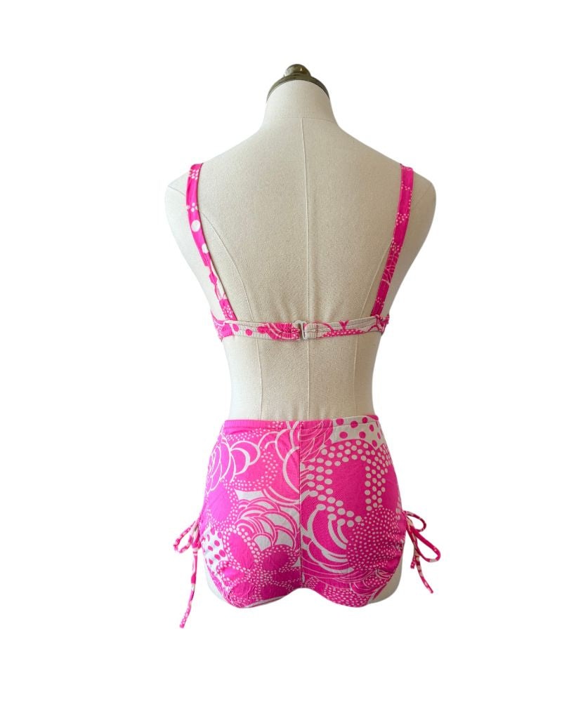 PM107 1960s Rose Marie Reid pink & white mod print 2pc bikini