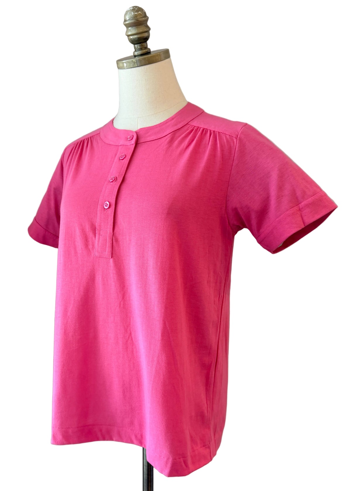 1970s Leon Levin Cotton Pink 3/4 Button-Front Tee with Gathered Shoulders