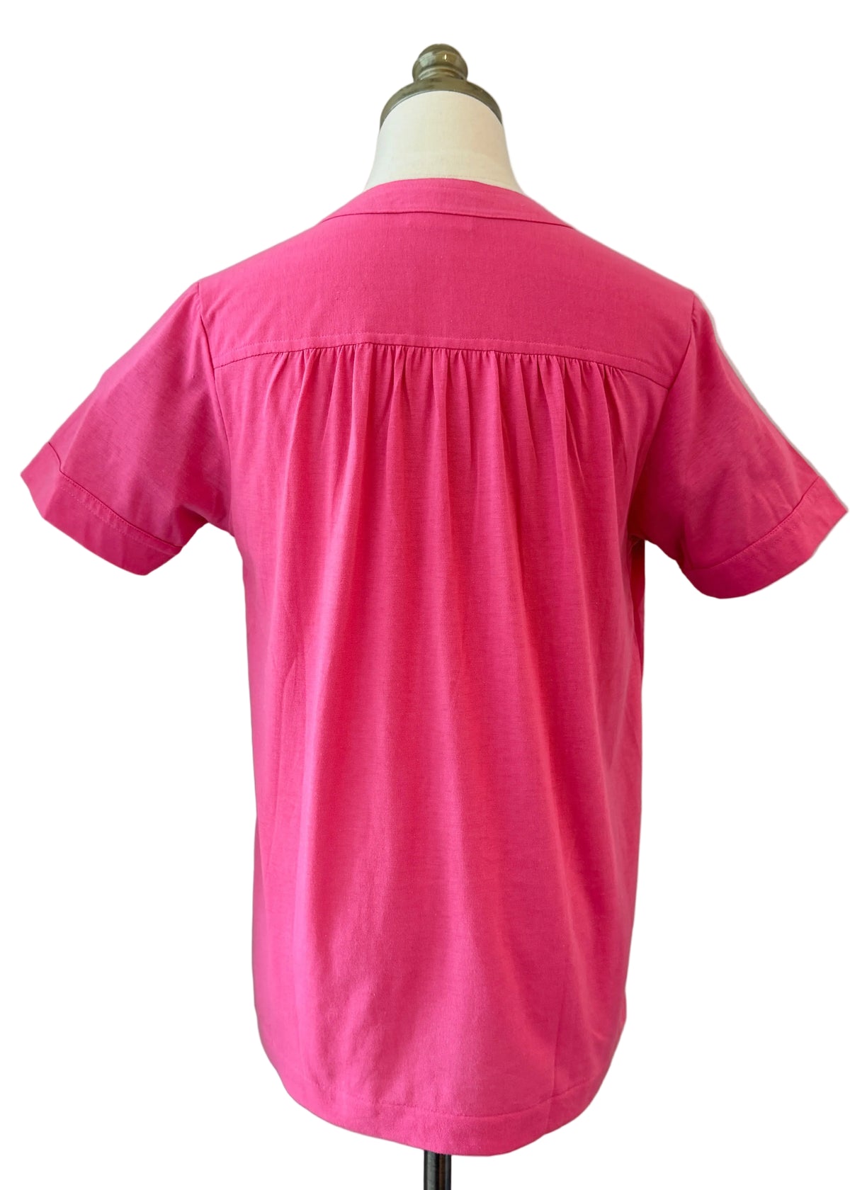 1970s Leon Levin Cotton Pink 3/4 Button-Front Tee with Gathered Shoulders