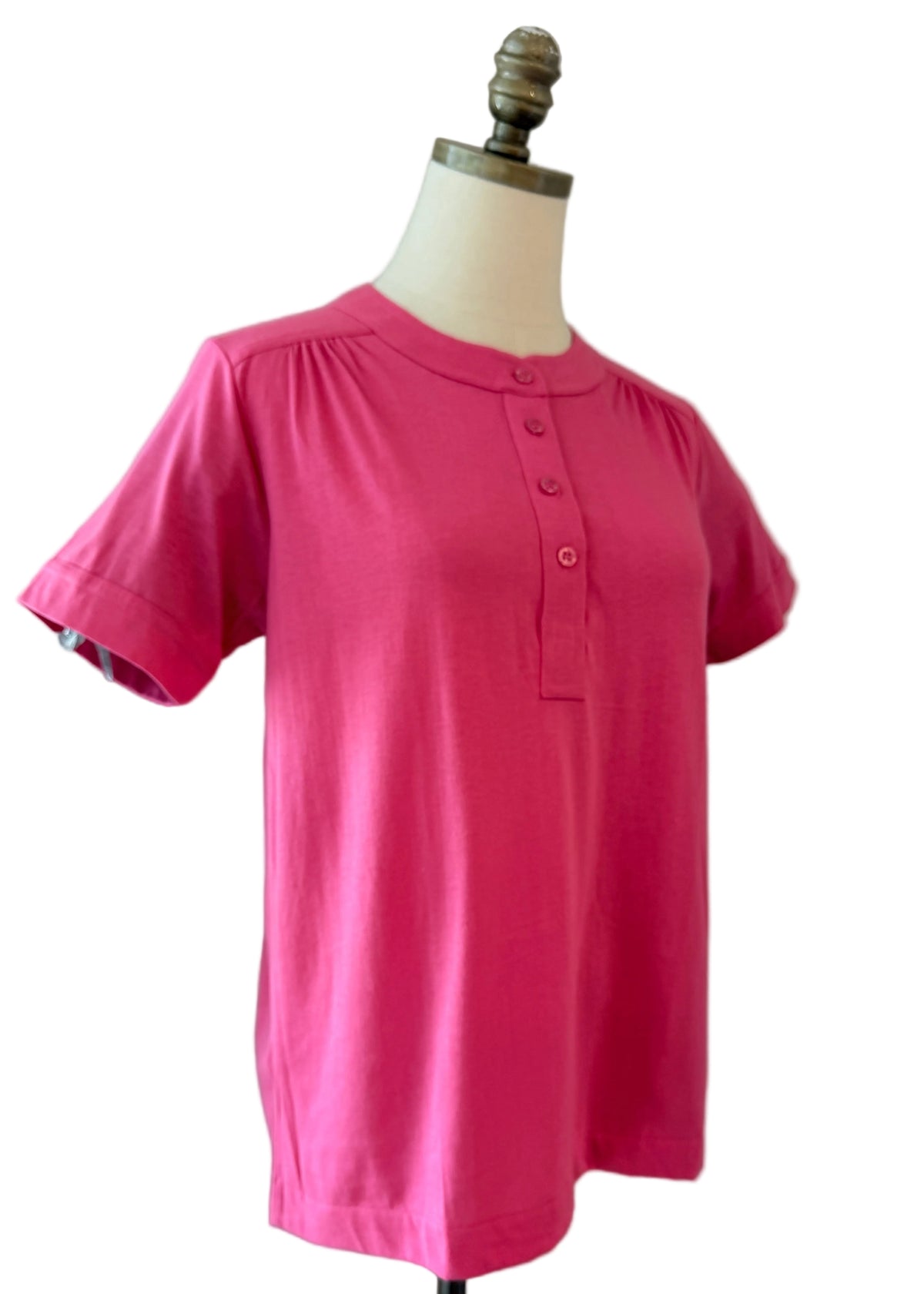 1970s Leon Levin Cotton Pink 3/4 Button-Front Tee with Gathered Shoulders