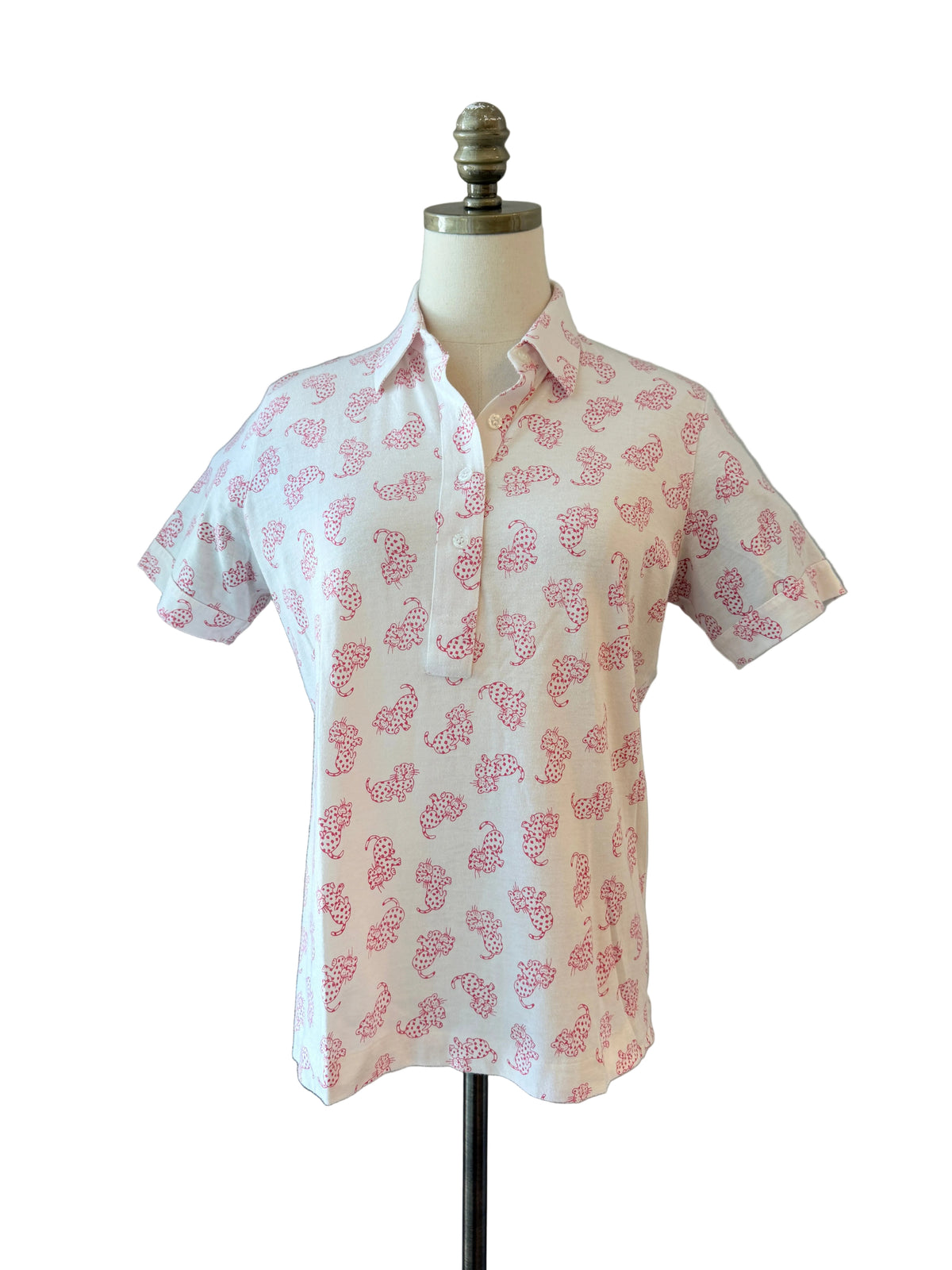 1970s Leon Levin White Cotton Cheetah Print 3/4 Button-Front Collared T-Shirt