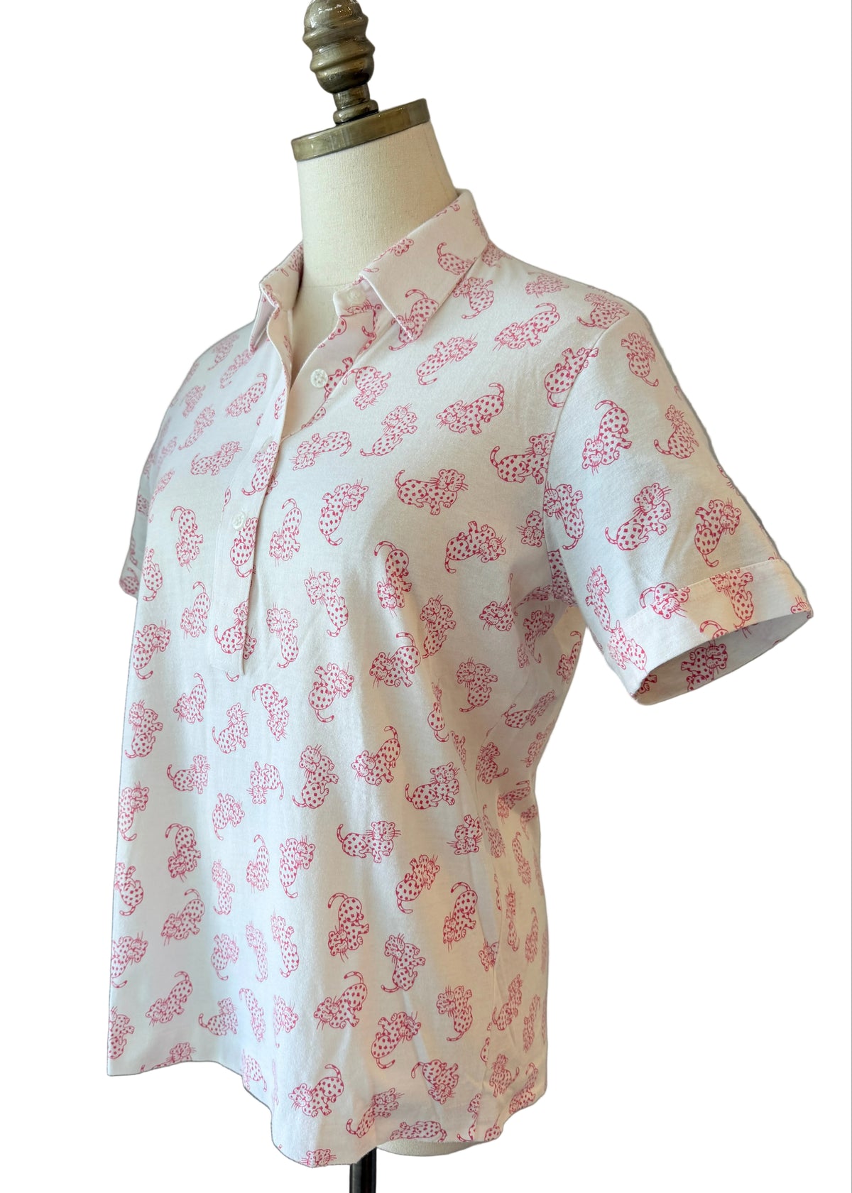 1970s Leon Levin White Cotton Cheetah Print 3/4 Button-Front Collared T-Shirt