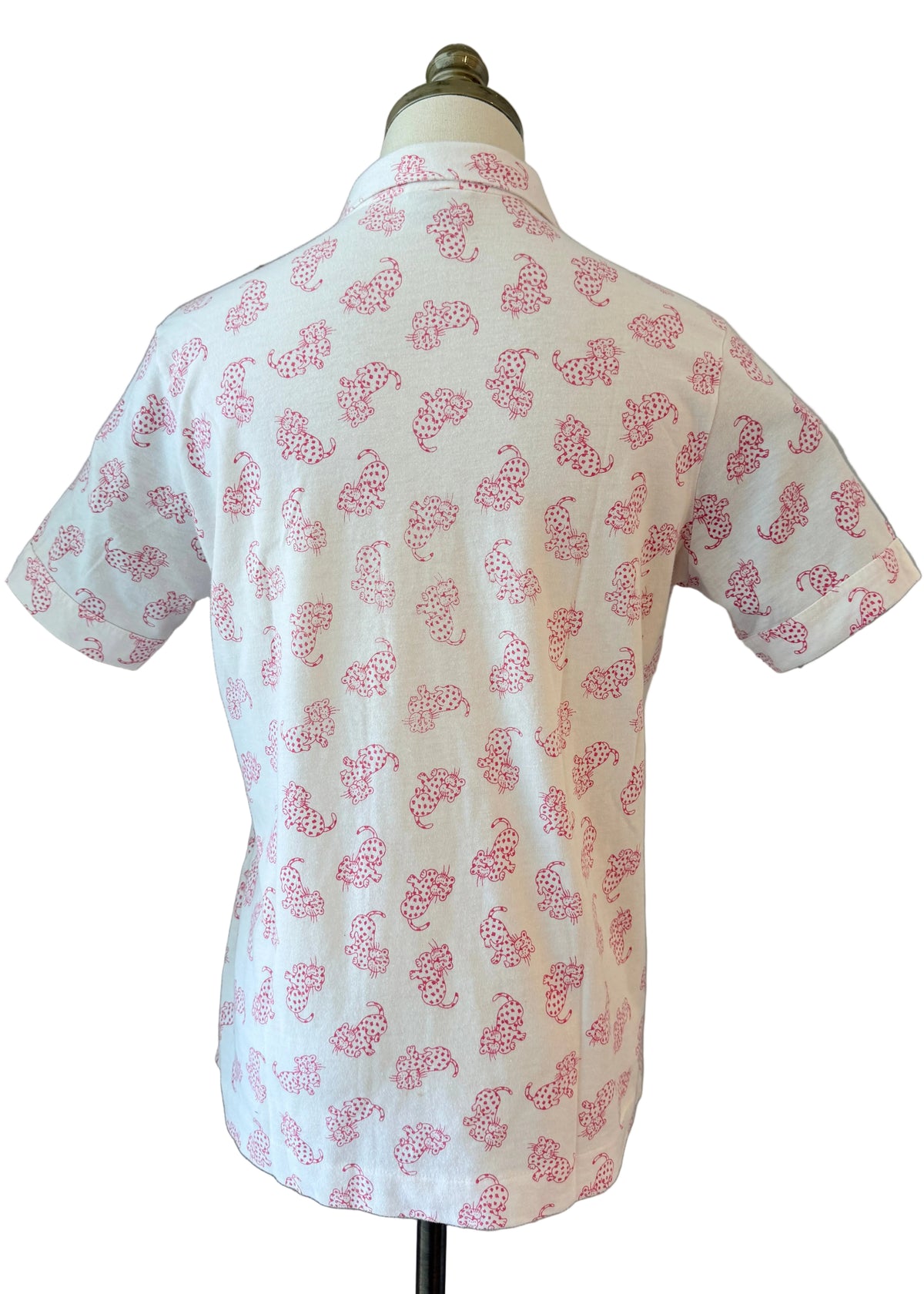 1970s Leon Levin White Cotton Cheetah Print 3/4 Button-Front Collared T-Shirt