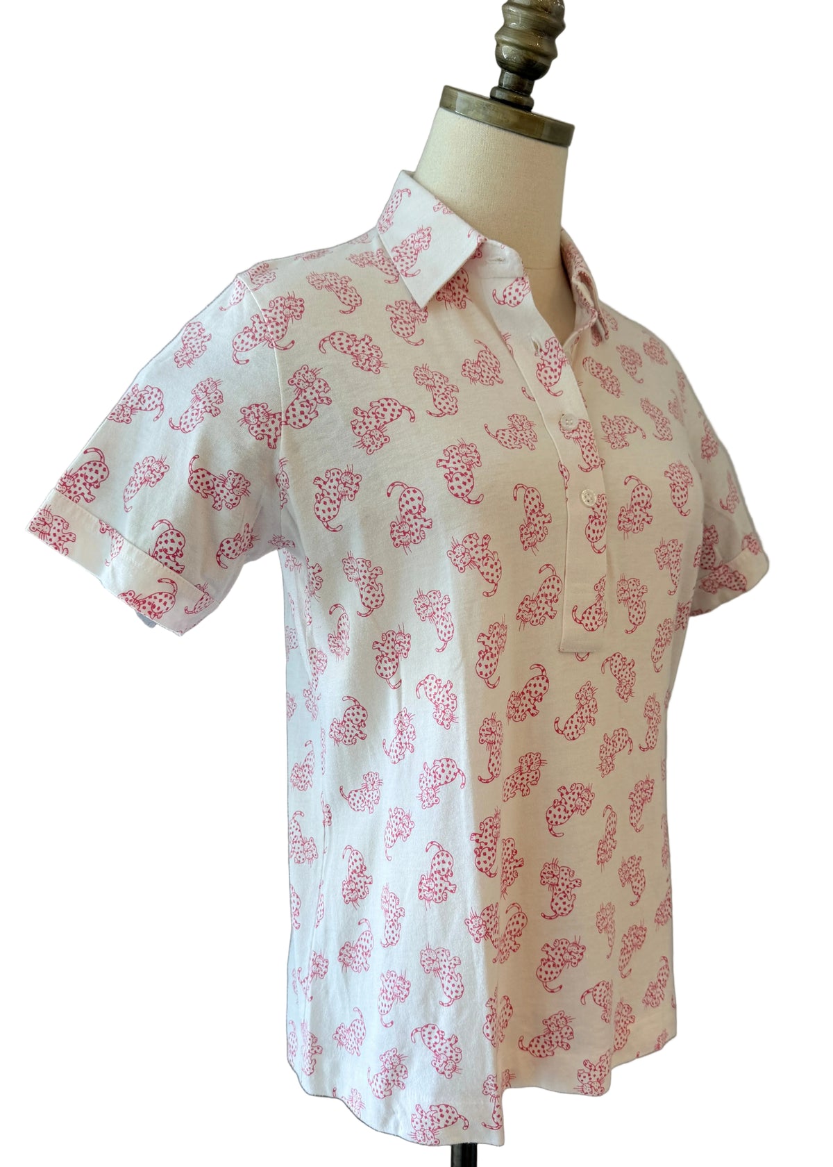 1970s Leon Levin White Cotton Cheetah Print 3/4 Button-Front Collared T-Shirt