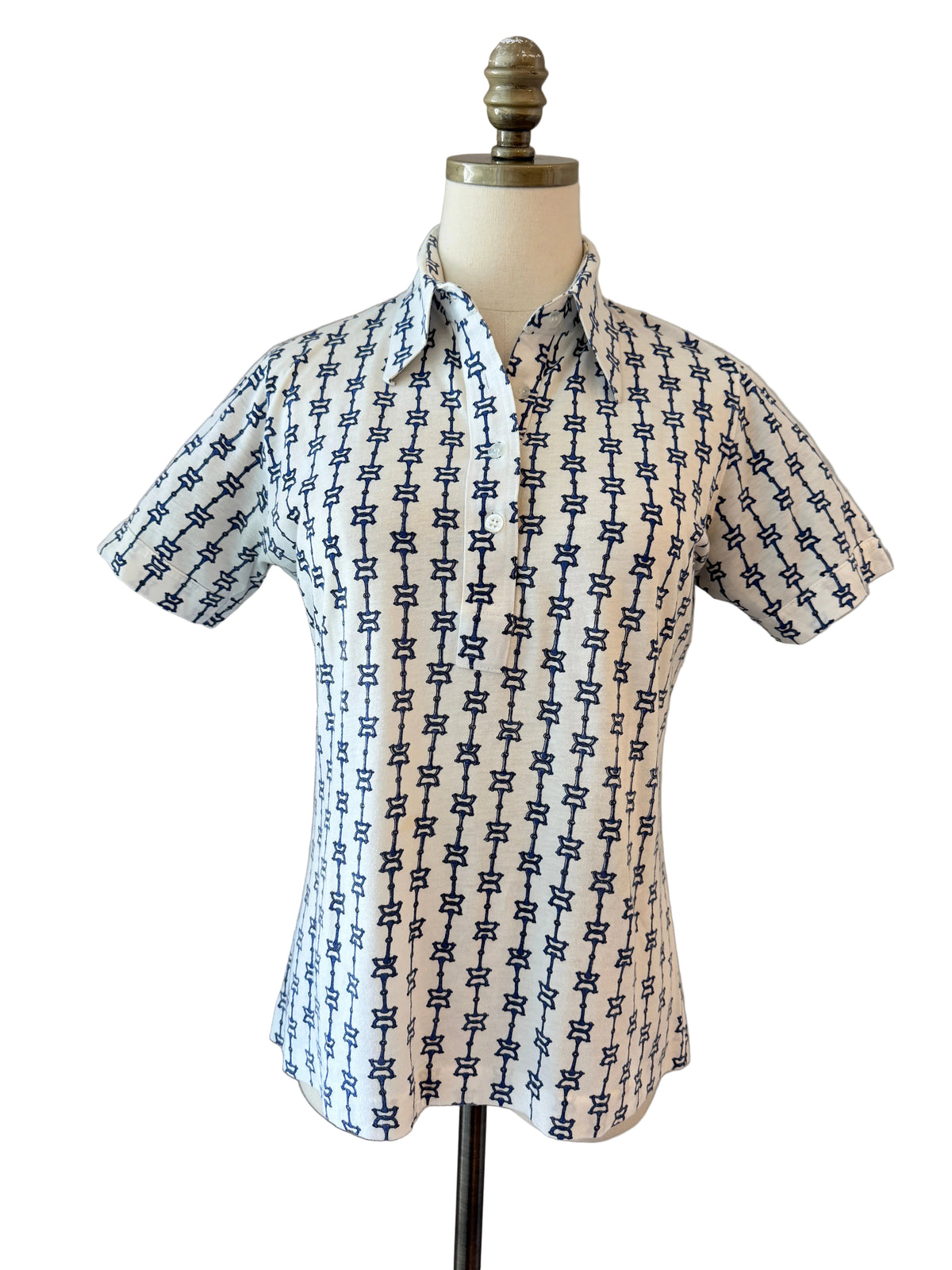 1970s Leon Levin White Cotton Horse Bit Print 3/4 Button-Front Collared T-Shirt