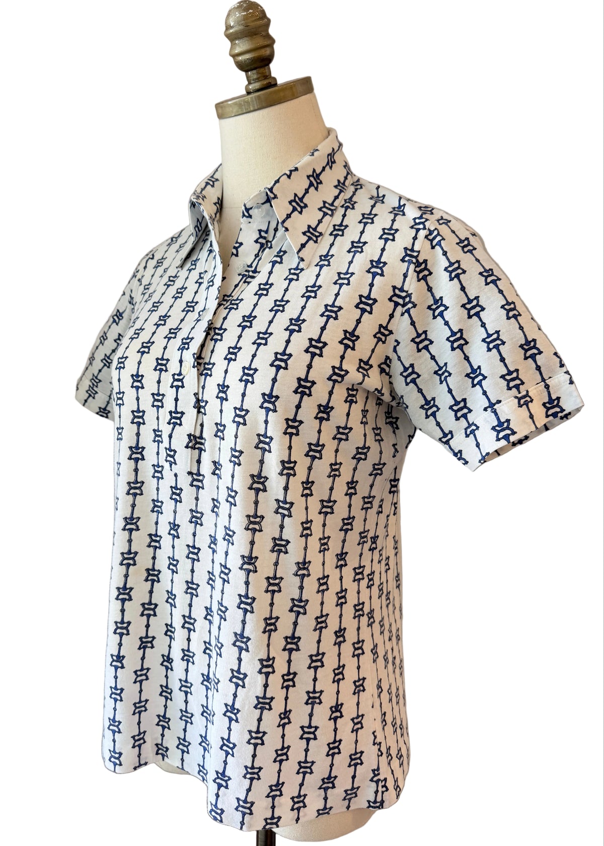 1970s Leon Levin White Cotton Horse Bit Print 3/4 Button-Front Collared T-Shirt