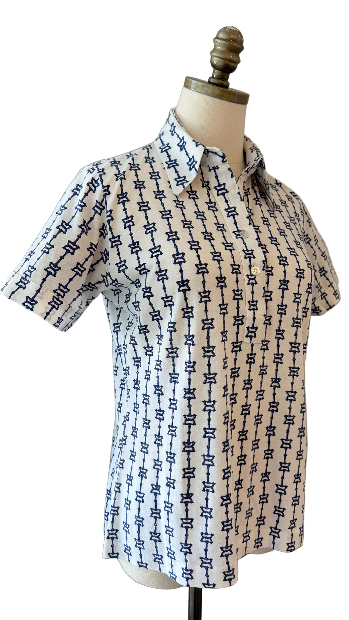 1970s Leon Levin White Cotton Horse Bit Print 3/4 Button-Front Collared T-Shirt