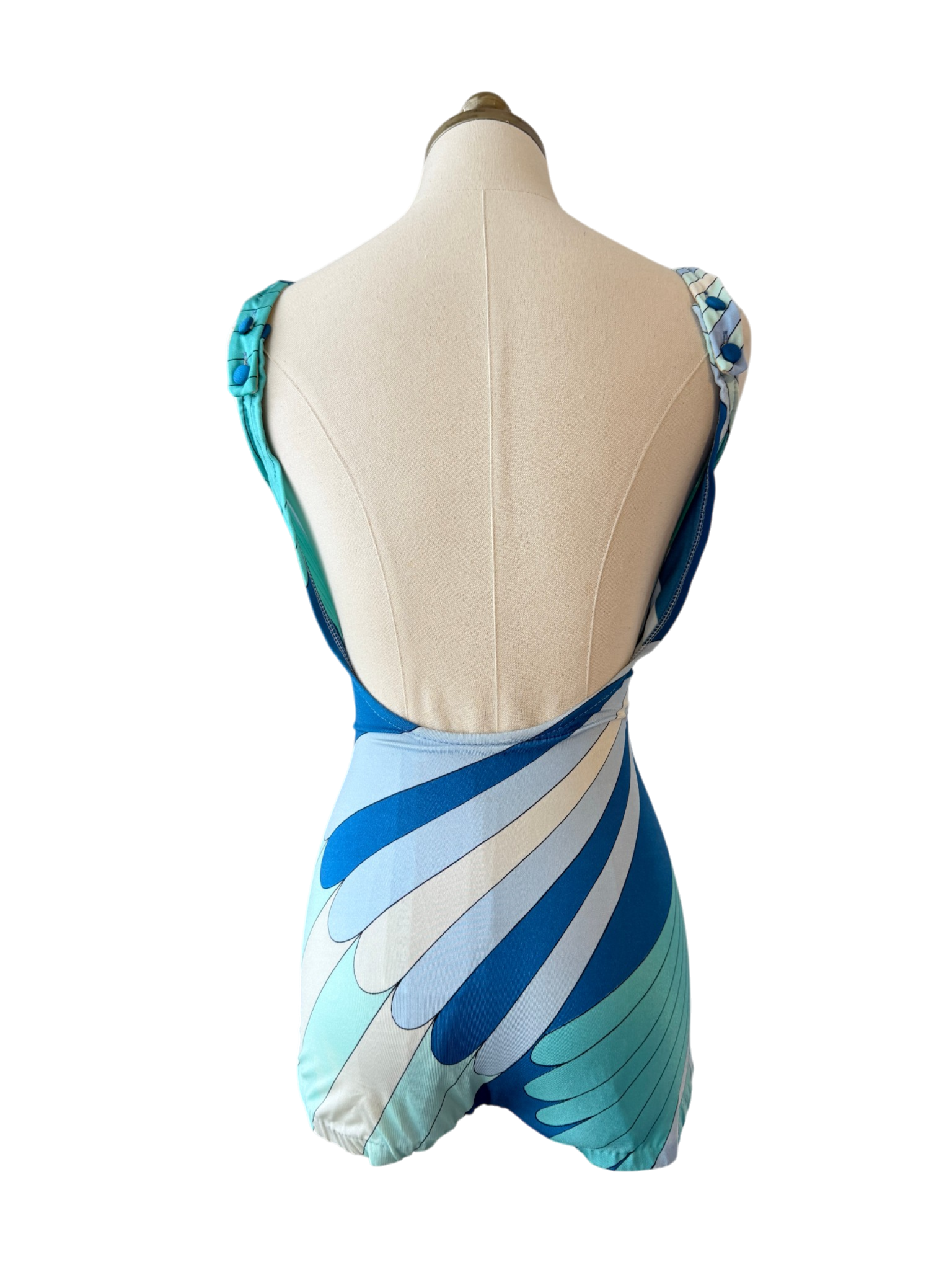 1960s Cole of California Geometric Print One-Piece Bathing Suit with Shoulder Buttons