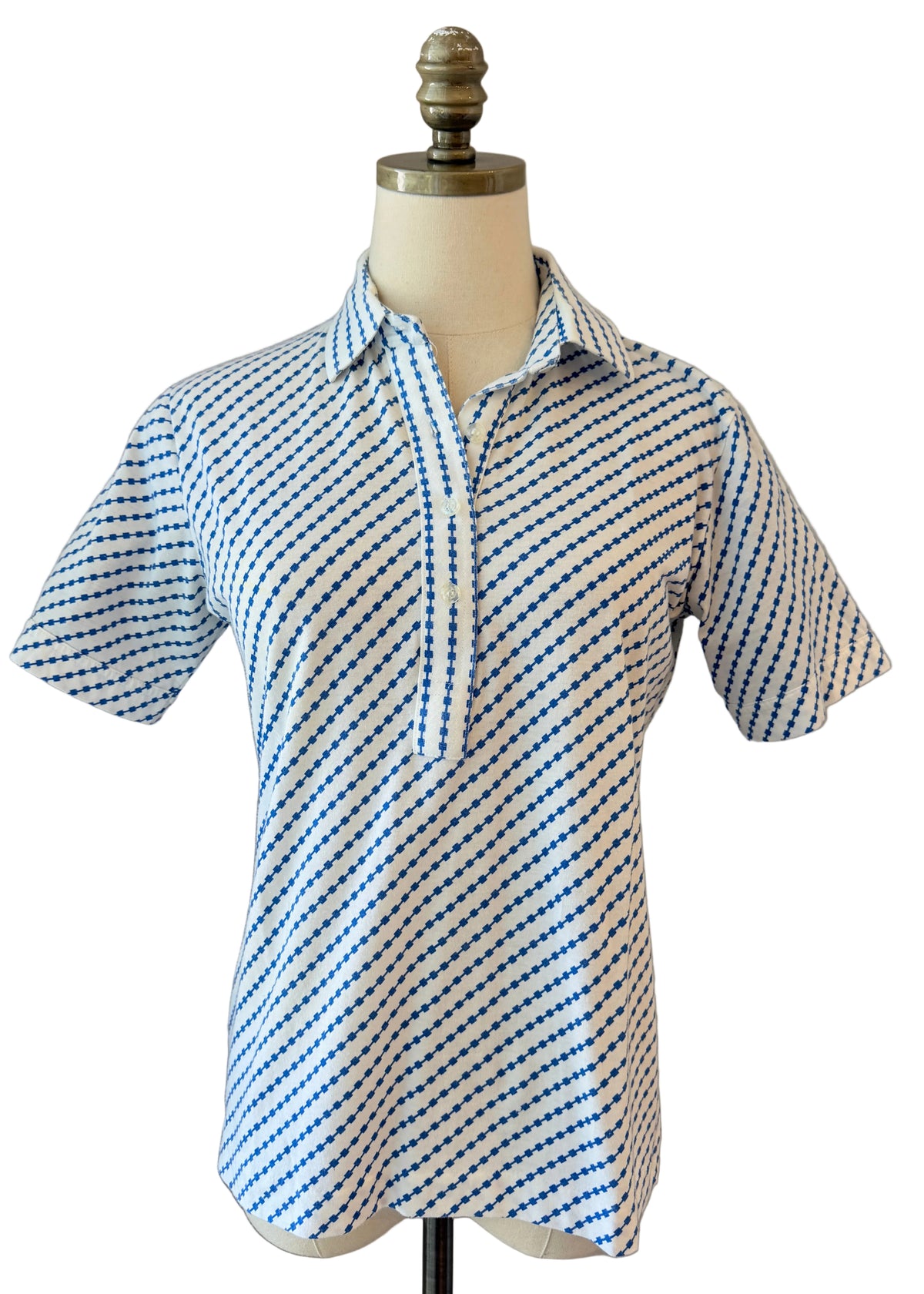 1970s Leon Levin White Cotton Square Link Print 3/4 Button-Front Collared T-Shirt