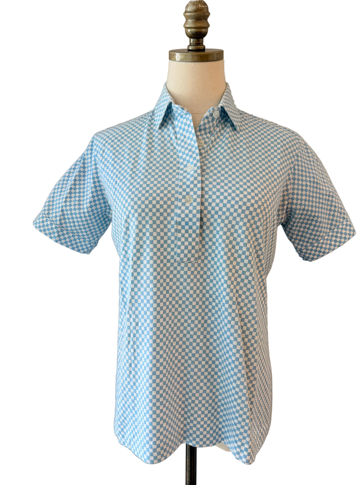 1970s Leon Levin White & Pale Blue Cotton Checkerboard Print 3/4 Button-Front Collared T-Shirt