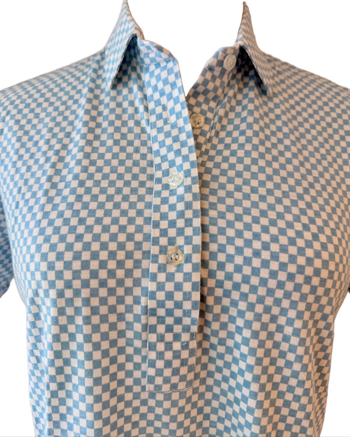 1970s Leon Levin White & Pale Blue Cotton Checkerboard Print 3/4 Button-Front Collared T-Shirt