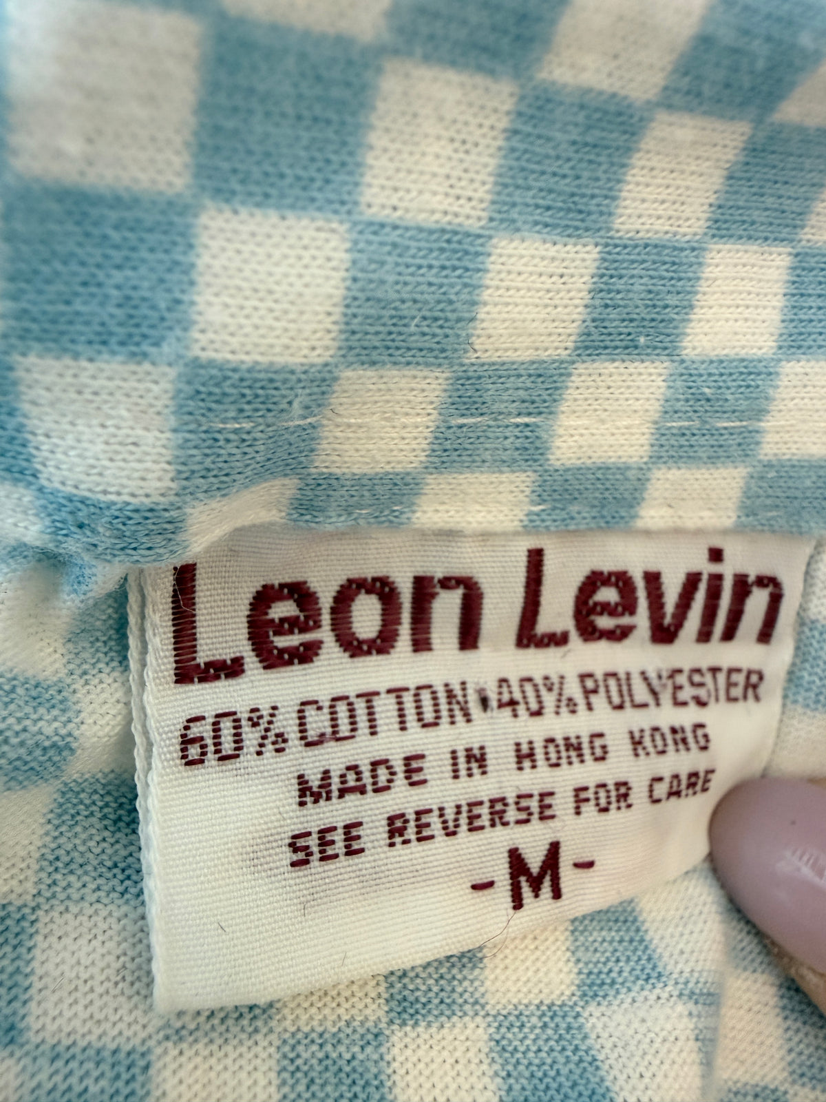 1970s Leon Levin White & Pale Blue Cotton Checkerboard Print 3/4 Button-Front Collared T-Shirt