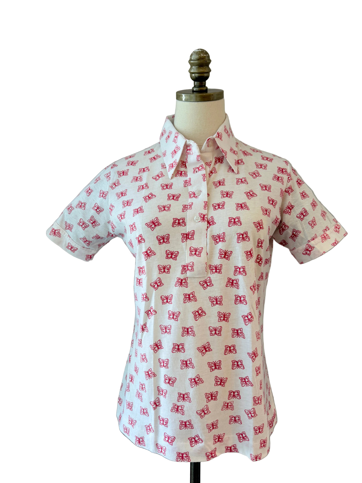 1970s Leon Levin White & Brown Chess Knight Print Cotton 3/4 Button-Front Collared T-Shirt
