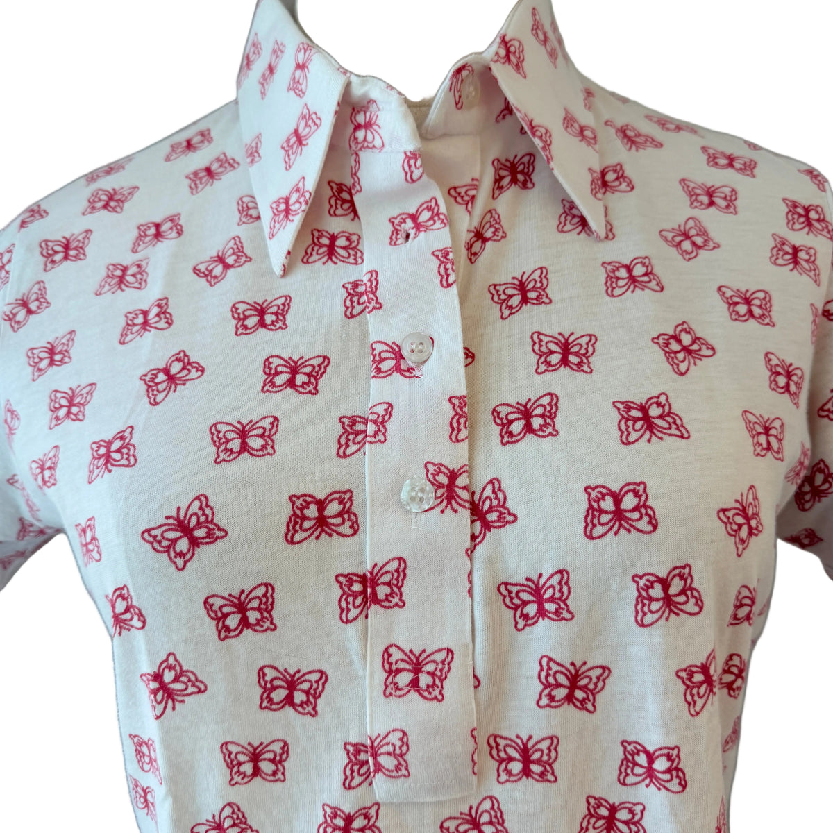 1970s Leon Levin White & Brown Chess Knight Print Cotton 3/4 Button-Front Collared T-Shirt