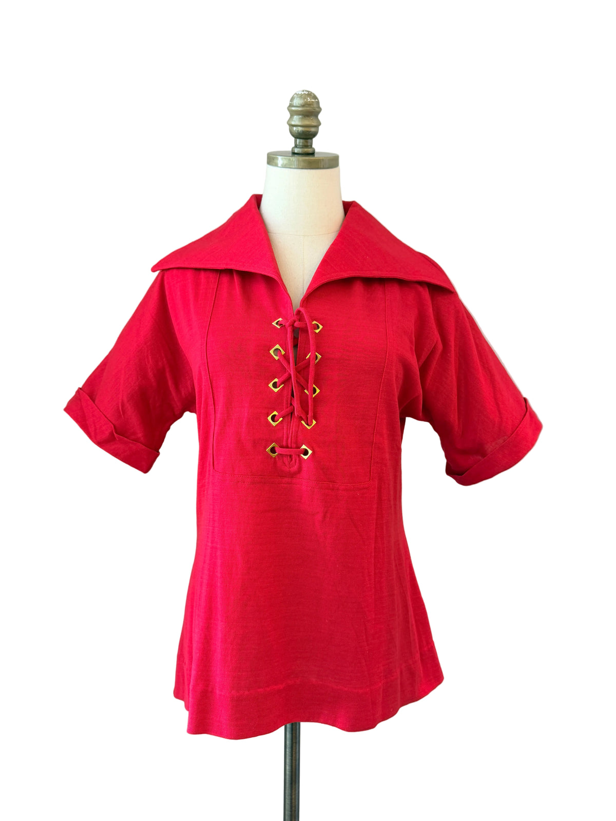 1960s H. Cosentino Capri Red Cotton Tie-Front Top with Dagger Collar