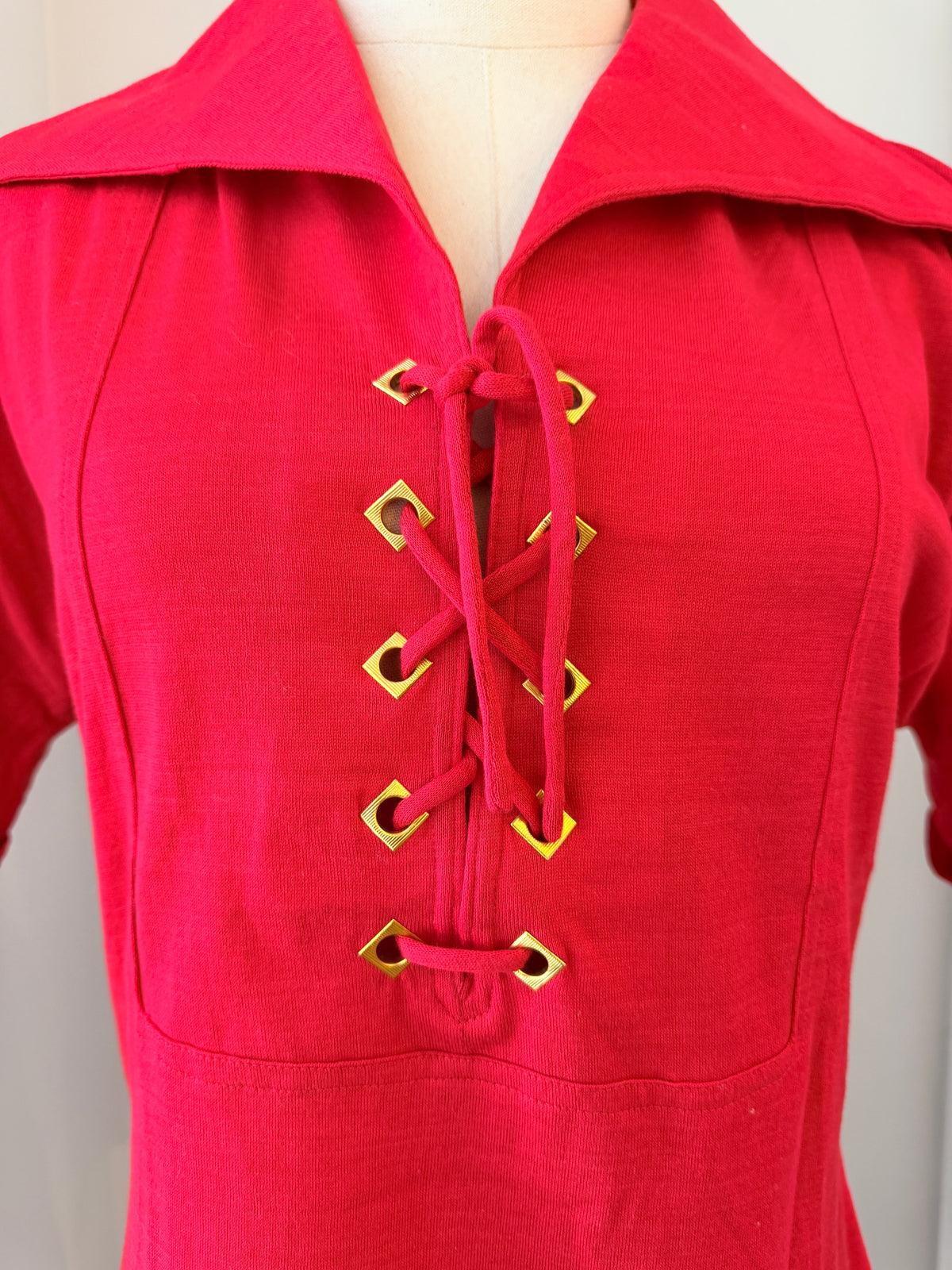 1960s H. Cosentino Capri Red Cotton Tie-Front Top with Dagger Collar